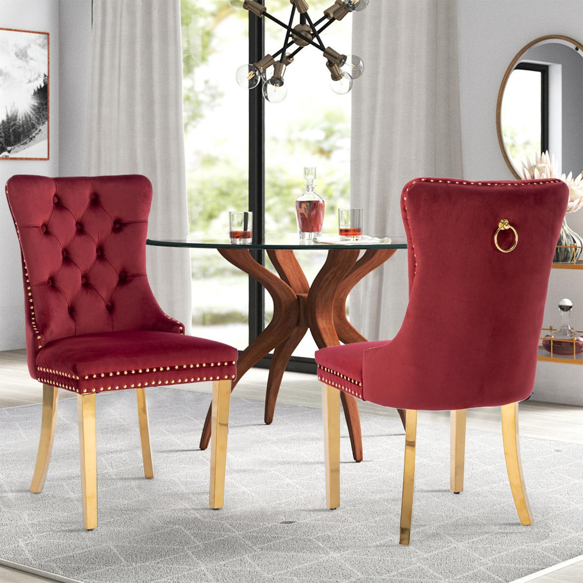 Vicbarley Velvet Dining Chair Set Of 2 Upholstered Tufted Dining Room Chair With Nailhead Trim And Stainless Steel Golden Plated