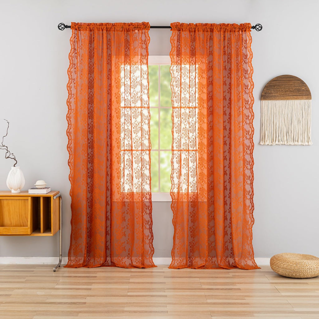 Orange Bohemian Curtains 102 Inches Long Rust Retro Lace Fall Curtains For Living Room Rod Pocket Autumn Farmhouse Halloween Dec