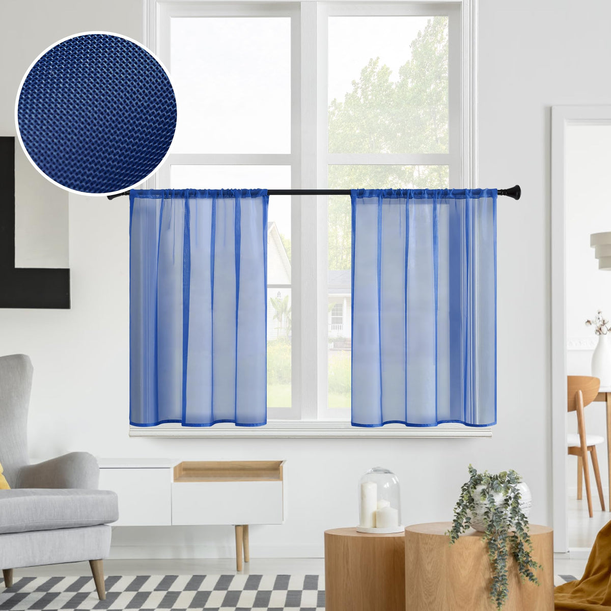 Mrtrees Navy Blue Sheer Curtains 34 X 30 Inch Length Kitchen Tier Short Curtains Light Filtering Rod Pocket Voile Cafe Curtains
