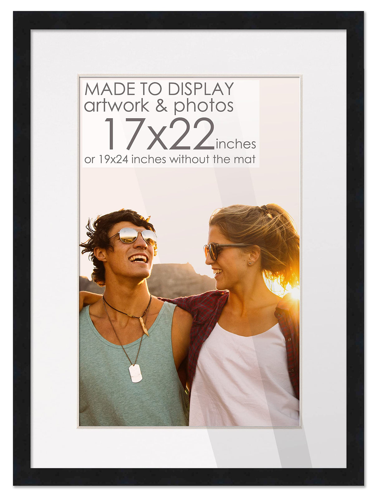 17x22 Black Wood Picture Frame with White Mat | 19x24 Frame Matted to 17x22 | Display Your Picture Under UV Acrylic Shatter Guar