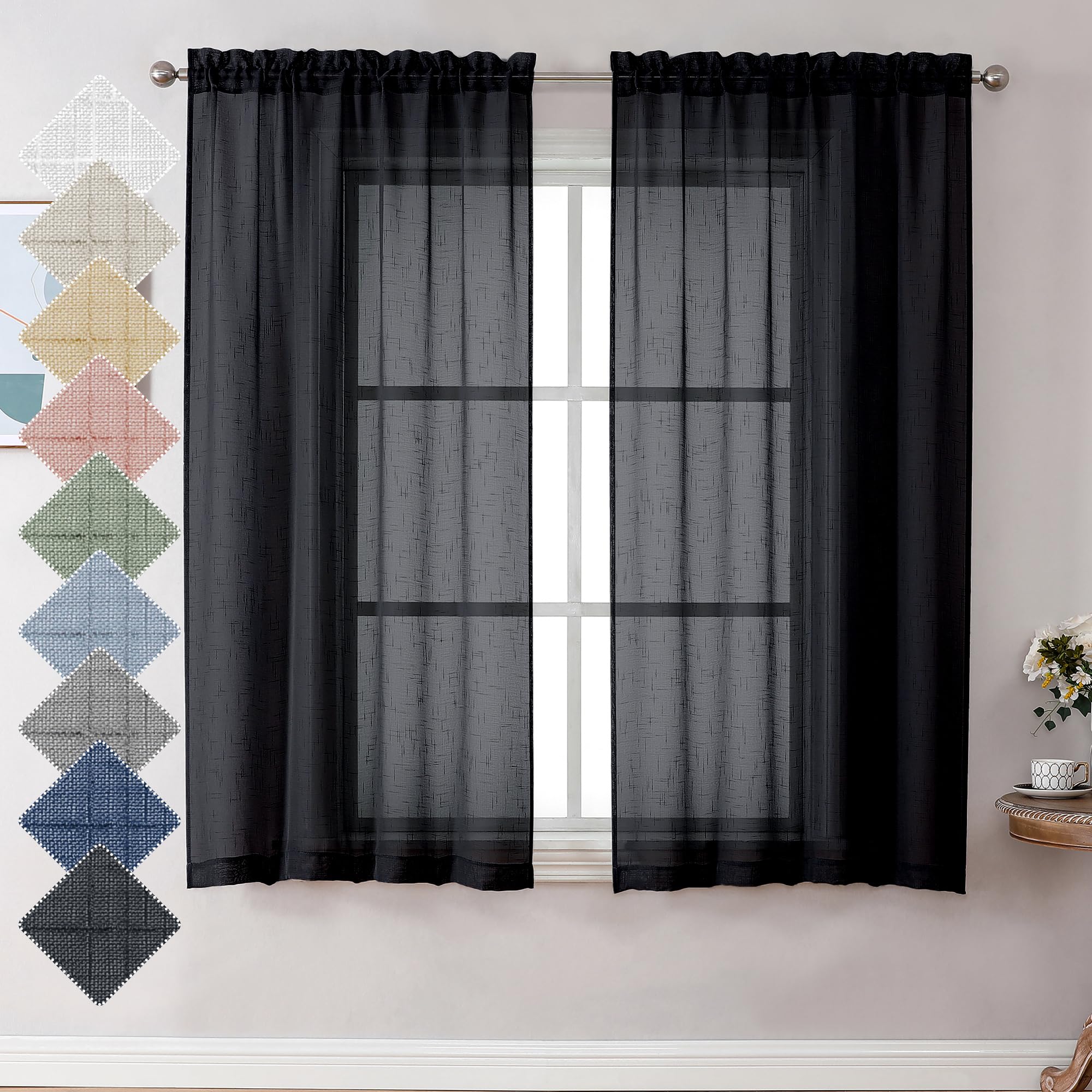 Aiyufeng Faux Black Sheer Curtains 54 Inch Length 2 Panel Set, Fresh Farmhouse 54 Inch Long Sheer Linen Look Airy & Lightweight