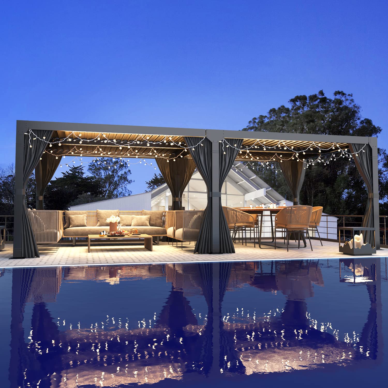 Mellcom Louvered Pergola 12X20, Aluminum Pergola With Adjustable Louvered Roof, Outdoor Pergola With Waterproof Curtains And Net