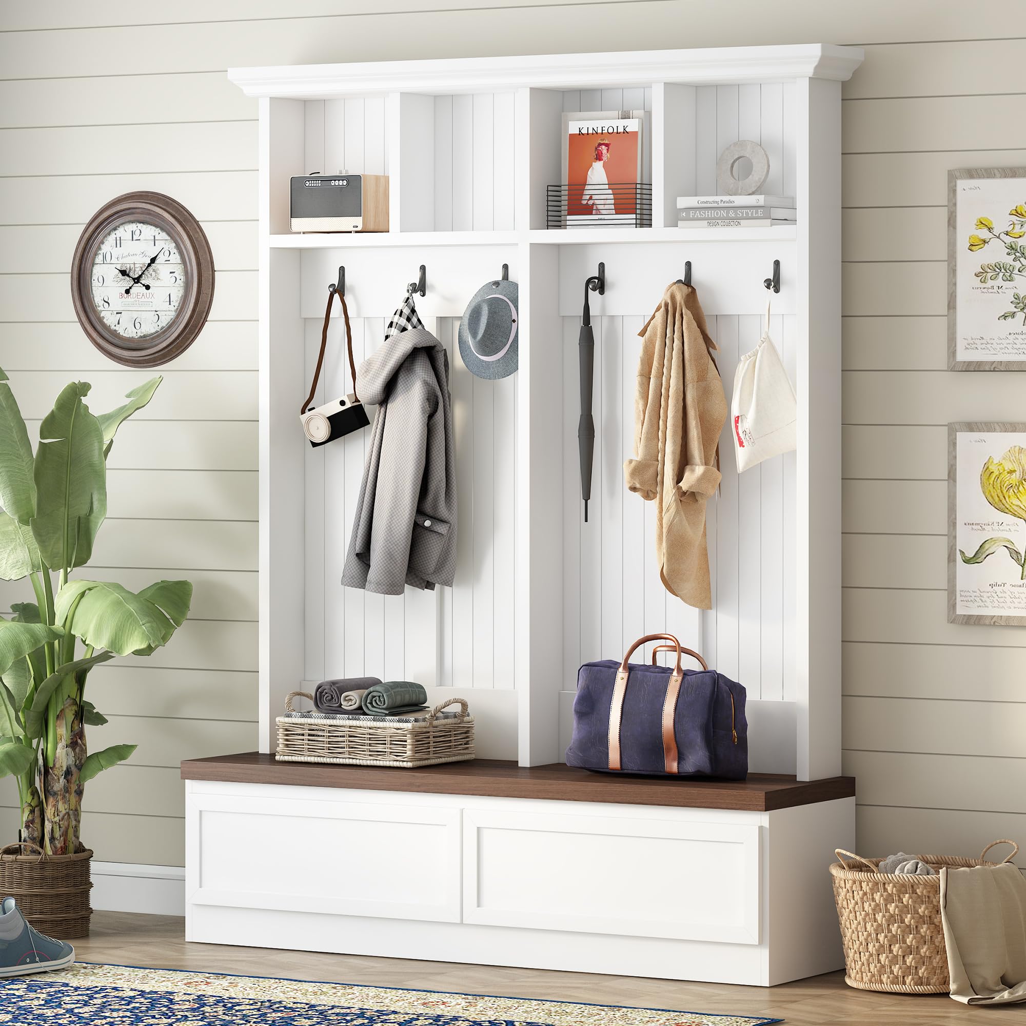 Merax Wood Hall Tree Entryway Bench with 6 Hooks, Farmhouse Mudroom Versatile Coat Racks with 2 Large Drawers Entrance Organizer