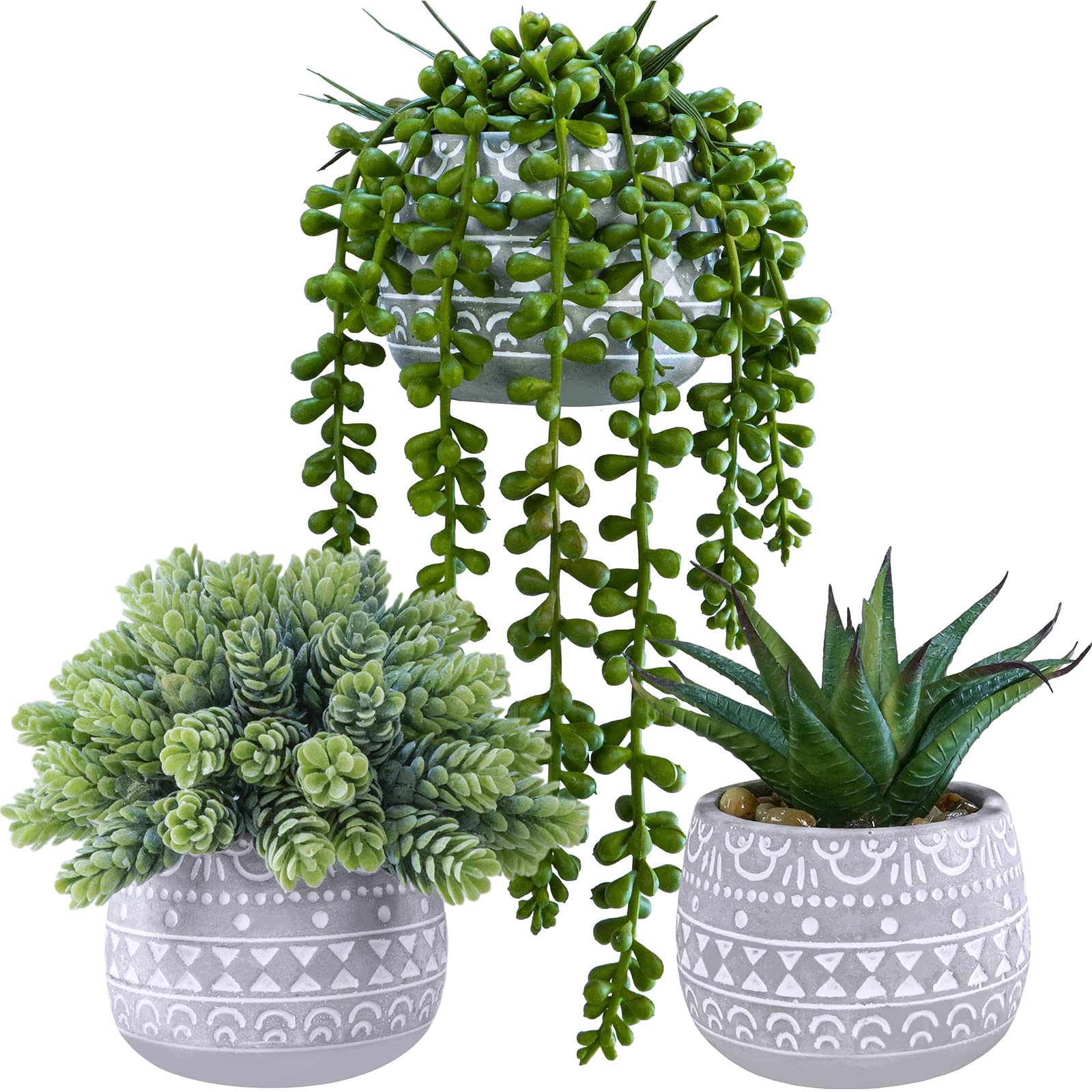 Winlyn 3 Pcs Assorted Small Potted Succulent Plants Artificial Aloe Hops String of Pearls Succulents in Gray Geometric Concrete 
