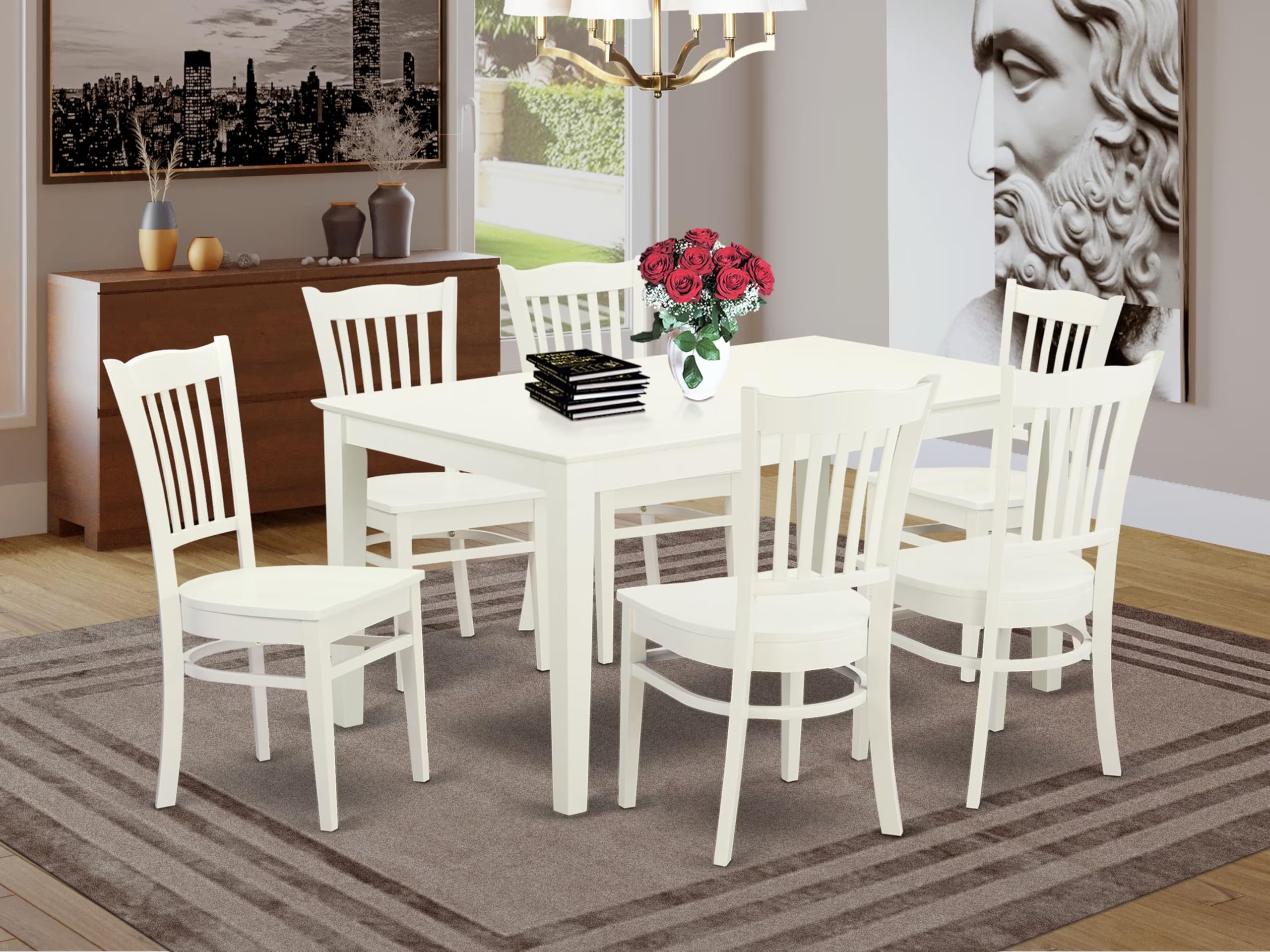 East West Furniture Cagr7-Lwh-W 7 Piece Dining Room Furniture Set Consist Of A Rectangle Dining Table And 6 Wood Seat Chairs, 36X60 Inch, Linen White