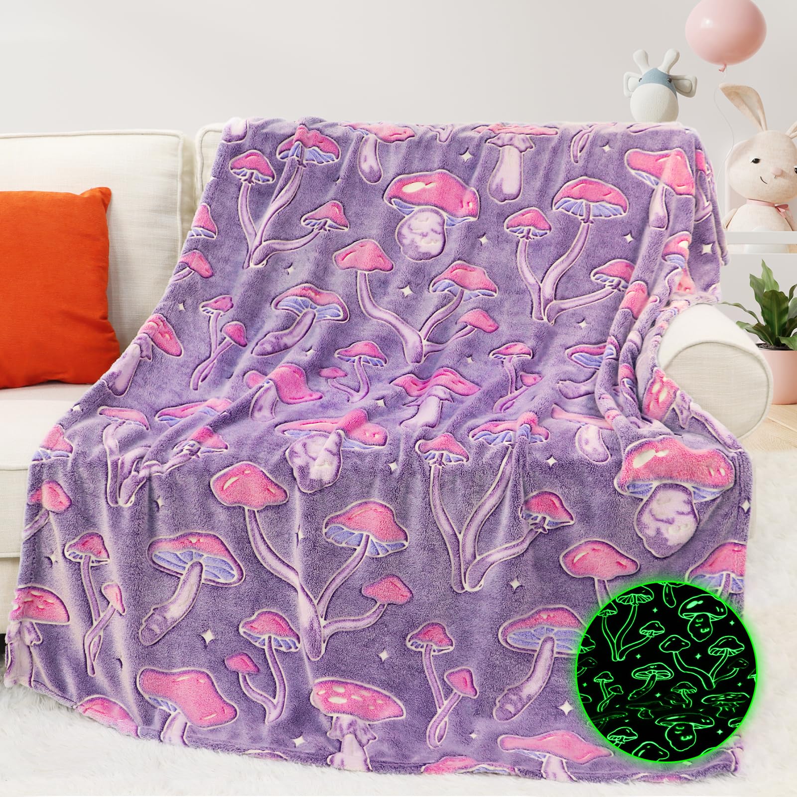 Glow In The Dark Cute Mushroom Throw Blanket Mushroom Blankets For Adult Girls Decor Soft Fleece Blanket Twin For Kids Bed Couch