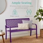 Best Choice Products Outdoor Bench 2-Person Metal Steel Benches Furniture For Garden, Patio, Porch, Entryway W/Geometric Backrest, 790Lb Capacity - Dark Purple