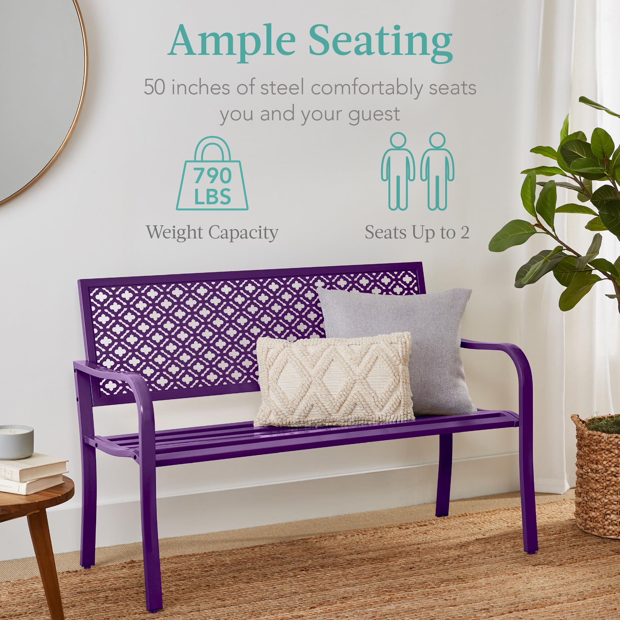 Best Choice Products Outdoor Bench 2-Person Metal Steel Benches Furniture For Garden, Patio, Porch, Entryway W/Geometric Backrest, 790Lb Capacity - Dark Purple