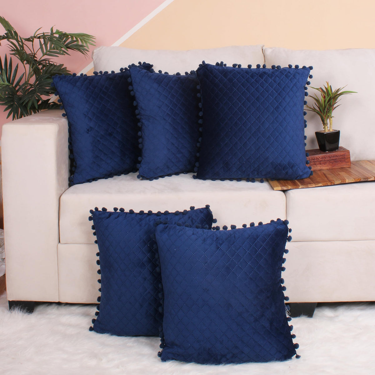 Stitchnest Both Side With Pompom Quilted Velvet Cushion Cover Set Of 5 (18 X 18 Inches)