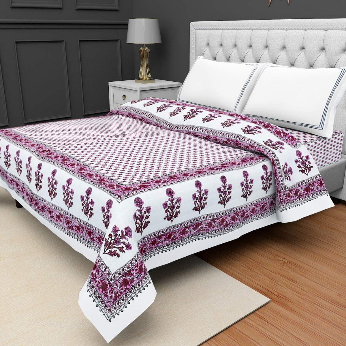 SVT Traditional Famous Rajasthani Print Jaipuri Beautiful Floral Print in White & Pink Jaipuri Rajai/Razai/Quilt Single/Single B