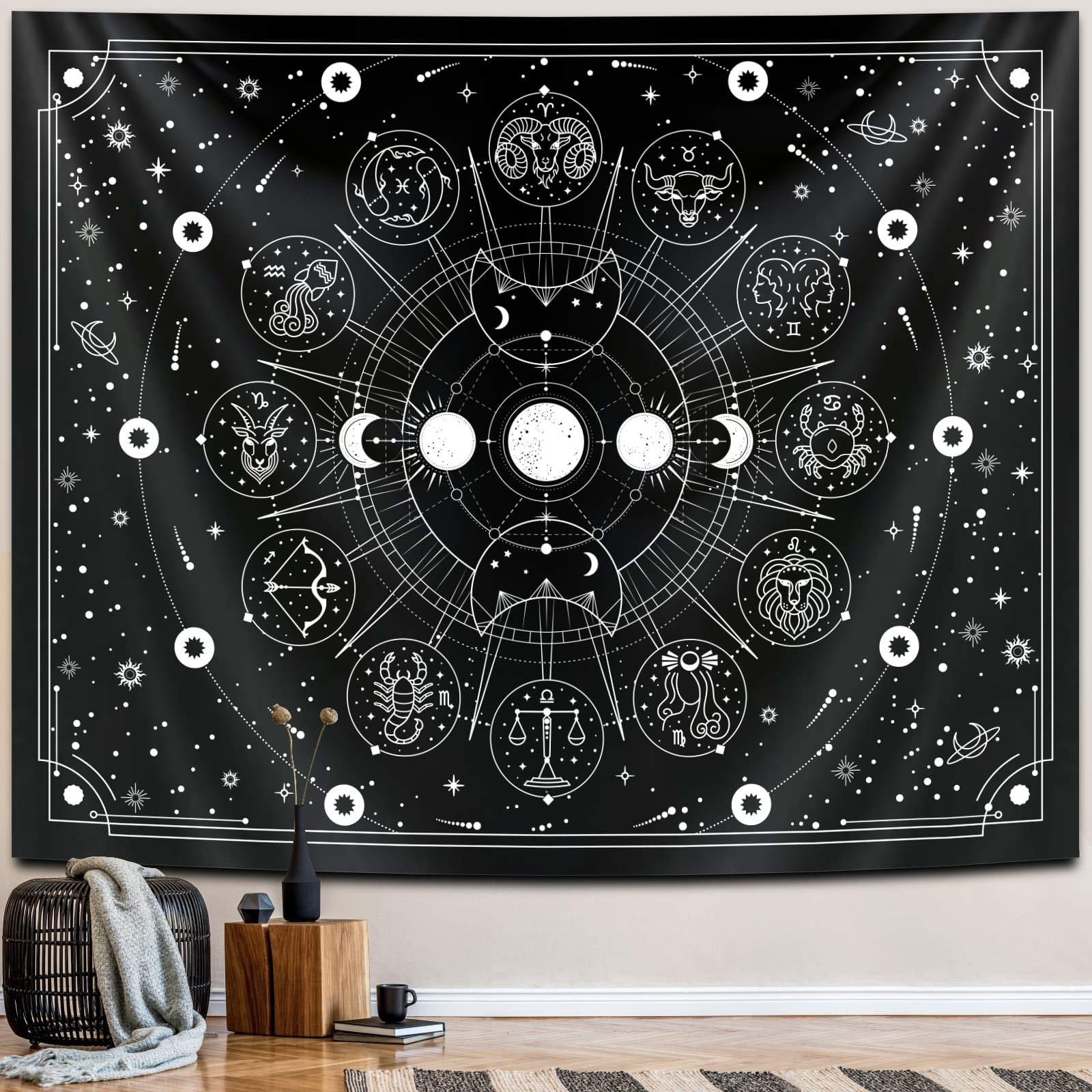 Zodiac Astrology Witchy Tapestry, Black White Constellation Tapestry For Wall Hanging Decor, Stars Space Psychedelic Bedroom Aes