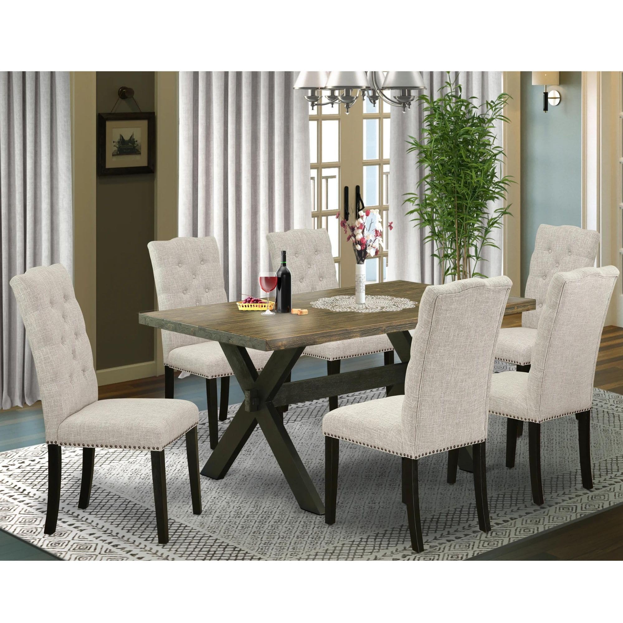 East West Furniture X-Style 7 Piece Kitchen Set Consist Of A Rectangle Table With X-Legs And 6 Doeskin Linen Fabric Parsons Dining Chairs, 36X60 Inch, Multi-Color