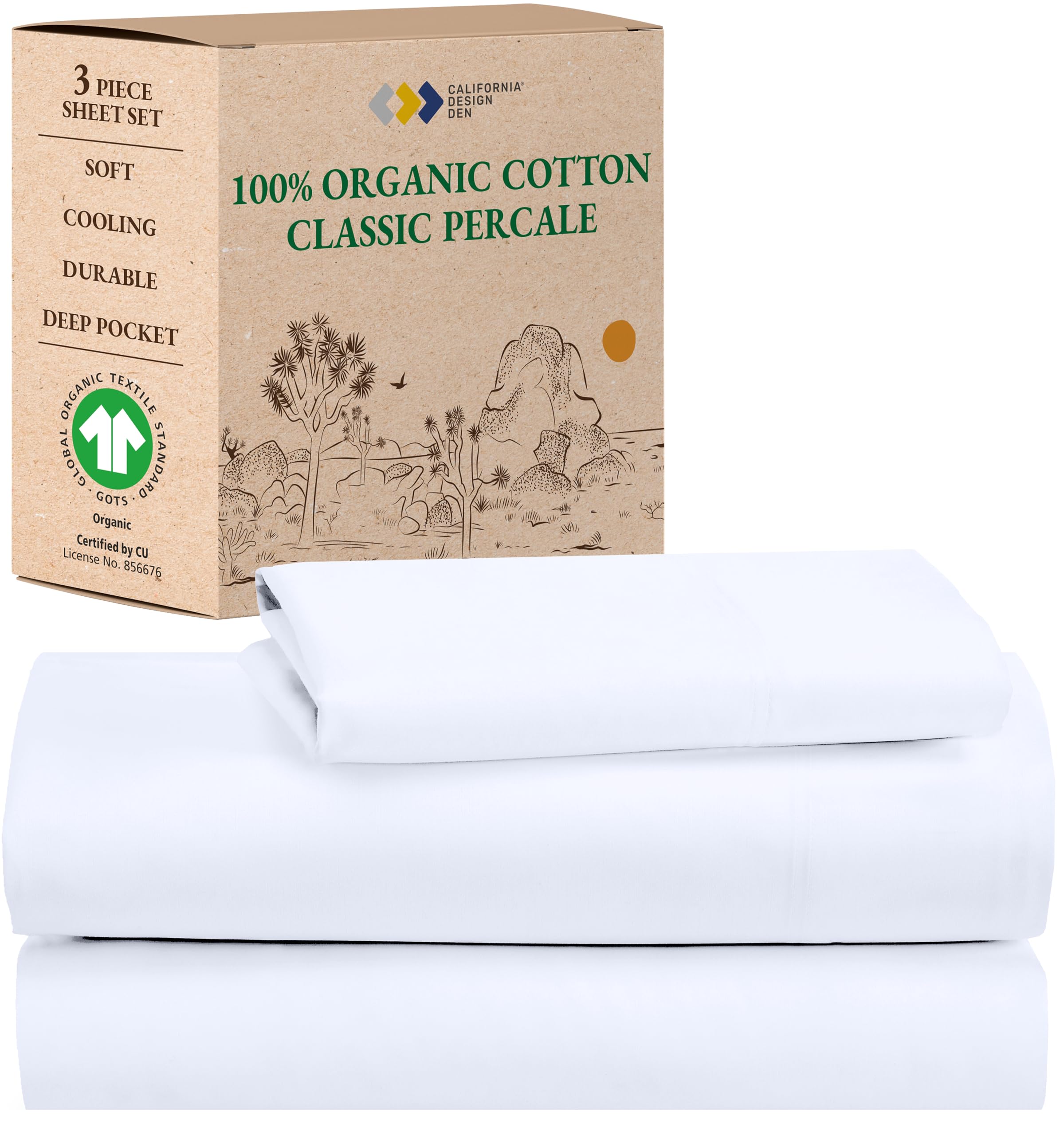 California Design Den Twin Xl Sheets Set, Deep Pockets 100% Organic Cotton Sheets, Percale Sheets, Gots Certified, Soft, Crisp & Cooling Sheets, Xl Twin Sheets, White Sheets For Dorm, Hospitals