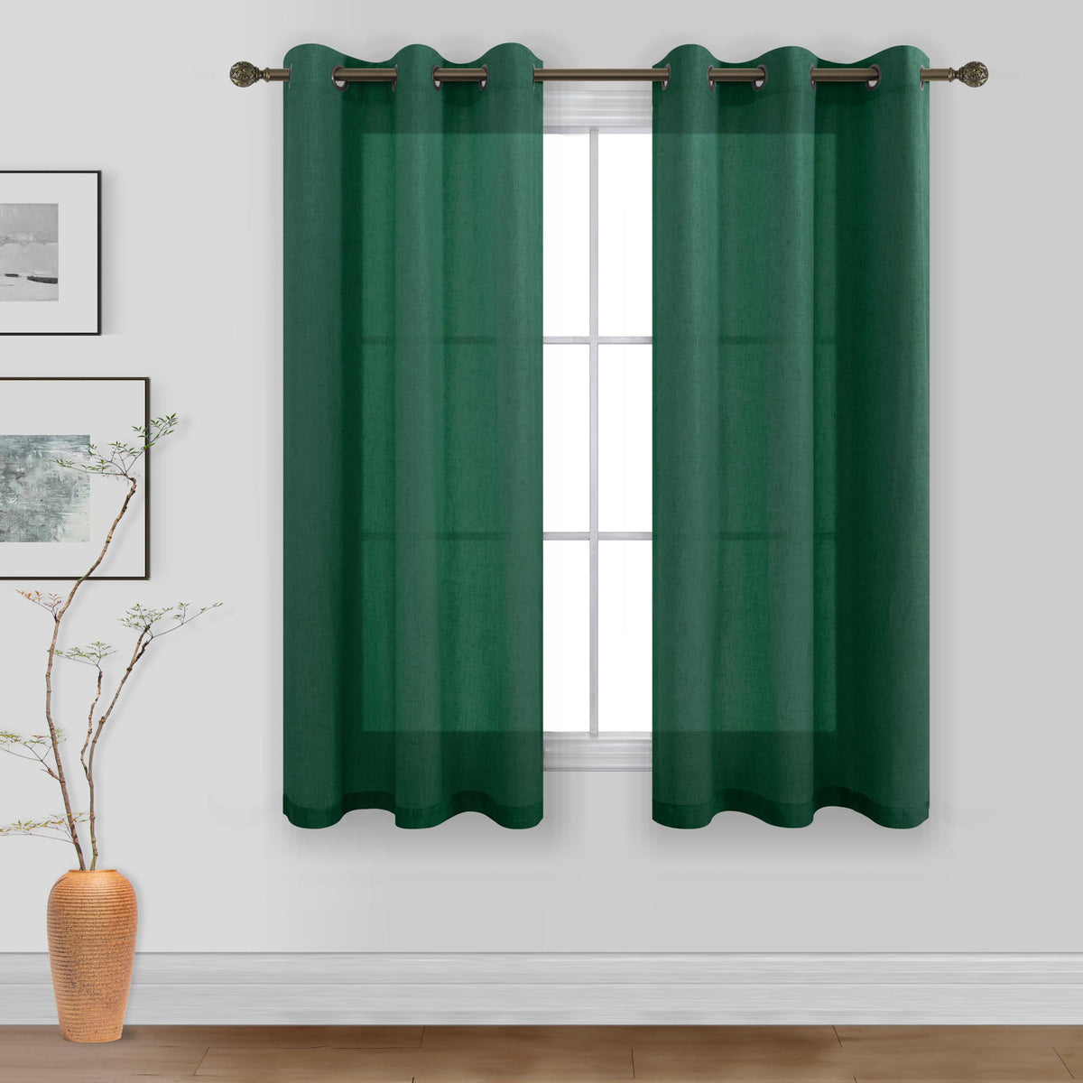 Koufall 36X54 Inches Long Bronze Grommet Linen Blend Sheer Curtains For Bedroom Dark Green