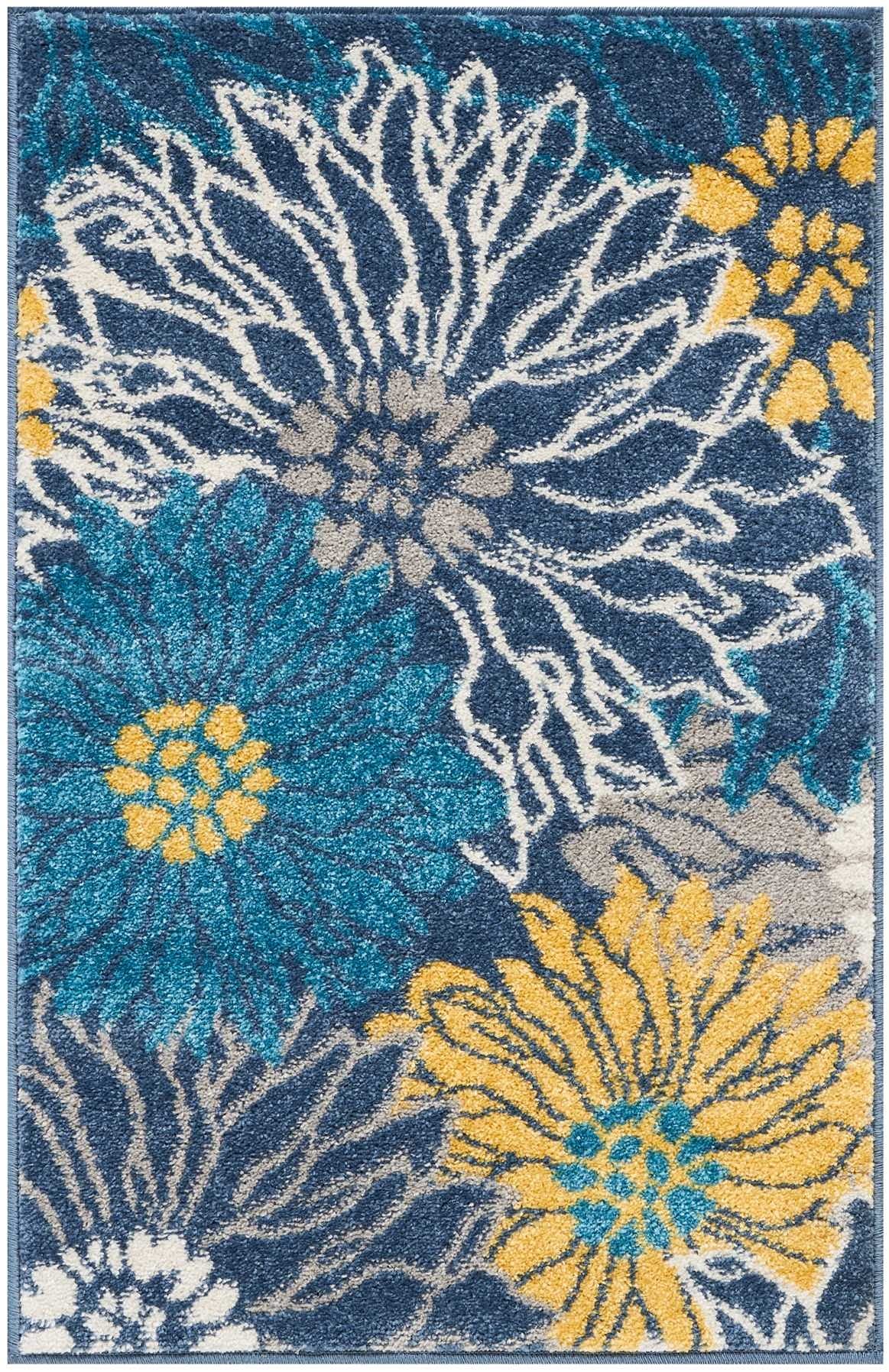 HomeRoots 100% Polypropylene 2’ x 3’ Blue Tropical Flower Scatter Rug