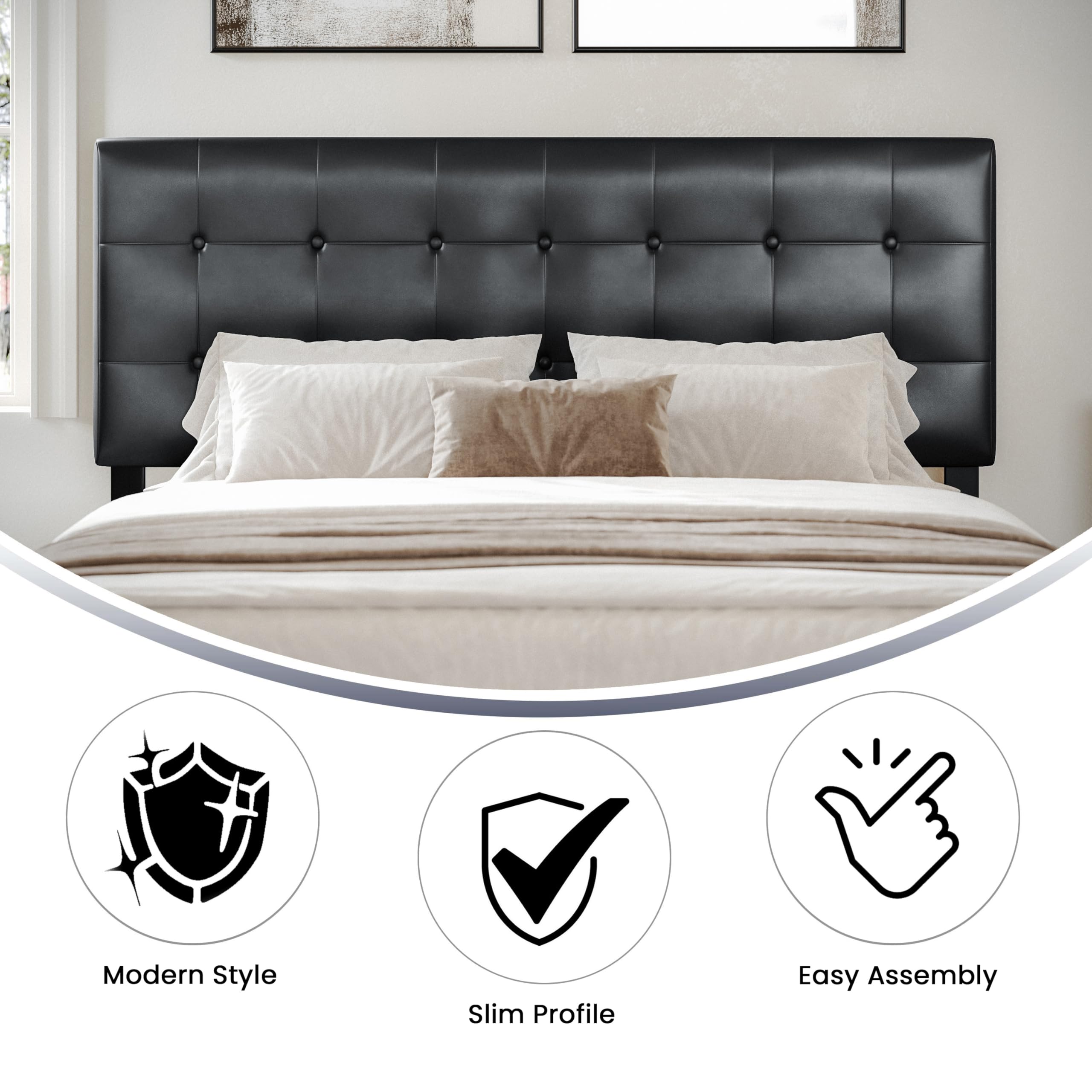 Flash Furniture Lennox Tufted Upholstered Headboard For Queen Size Bed, Contemporary Vinyl Tufted Headboard With Adjustable Height, Black
