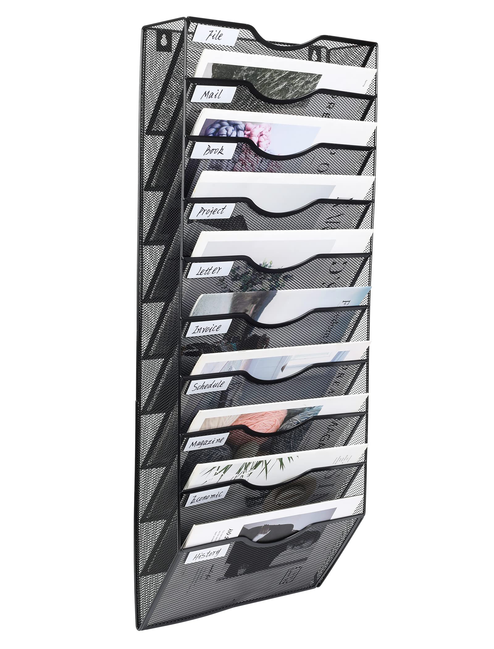 Pag Hanging Wall File Holder Organizer Mail Sorter Literature Rack For Office, 10 Pockets, Black