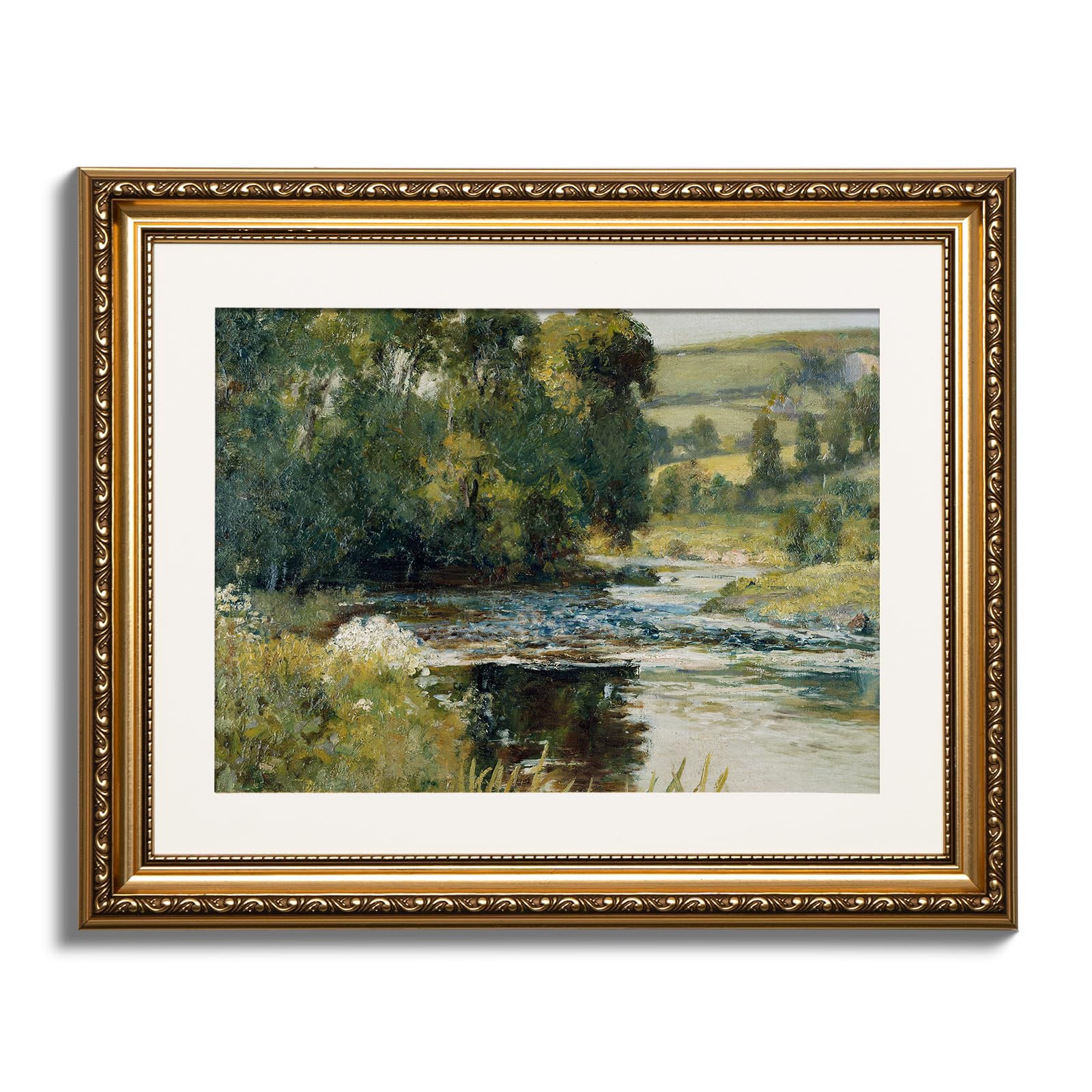 ARPEOTCY Vintage Gold Framed Wall Art, 13x16 inch Nature Streamside Retro Paintings, Canvas Prints Artwork with Antique Frame, V