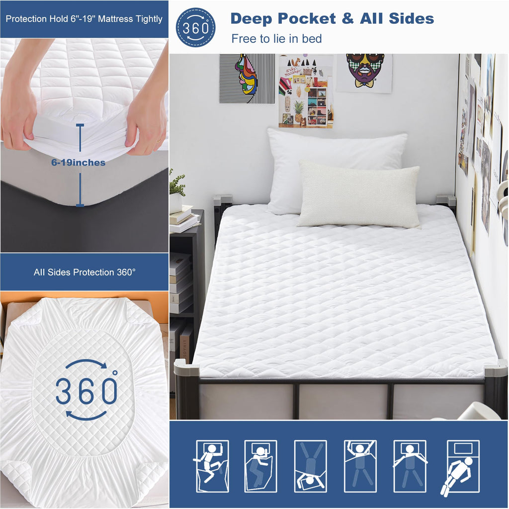 Grt Twin Xl Waterproof Mattress Pad, 100% Waterproof Quilted Fitted Mattress Protector, Noiseless Hollow Cotton Mattress Cover,