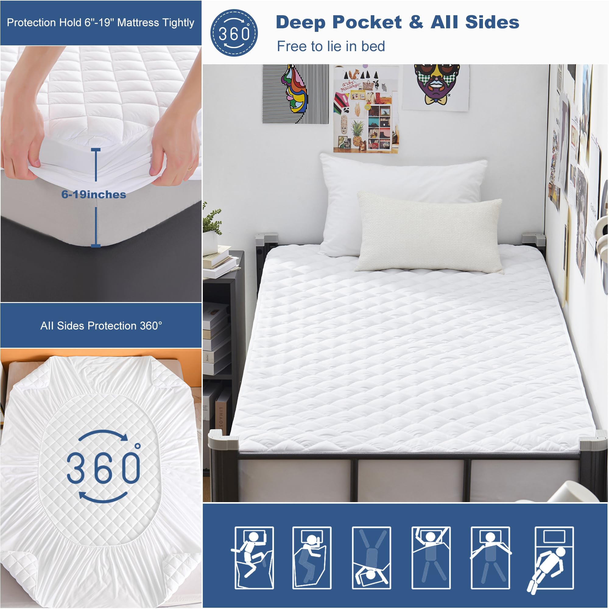 Grt Twin Xl Waterproof Mattress Pad, 100% Waterproof Quilted Fitted Mattress Protector, Noiseless Hollow Cotton Mattress Cover,