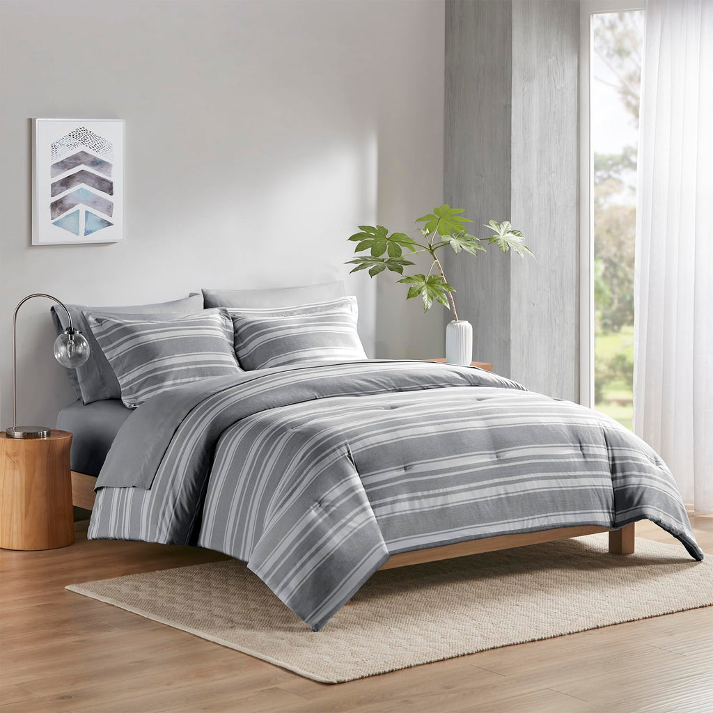 King Size Bed In A Bag, Full Bedding Sets, Modern Farmhouse Grey And White Striped Comforter With Sheets, 7-Piece Complete Bedro