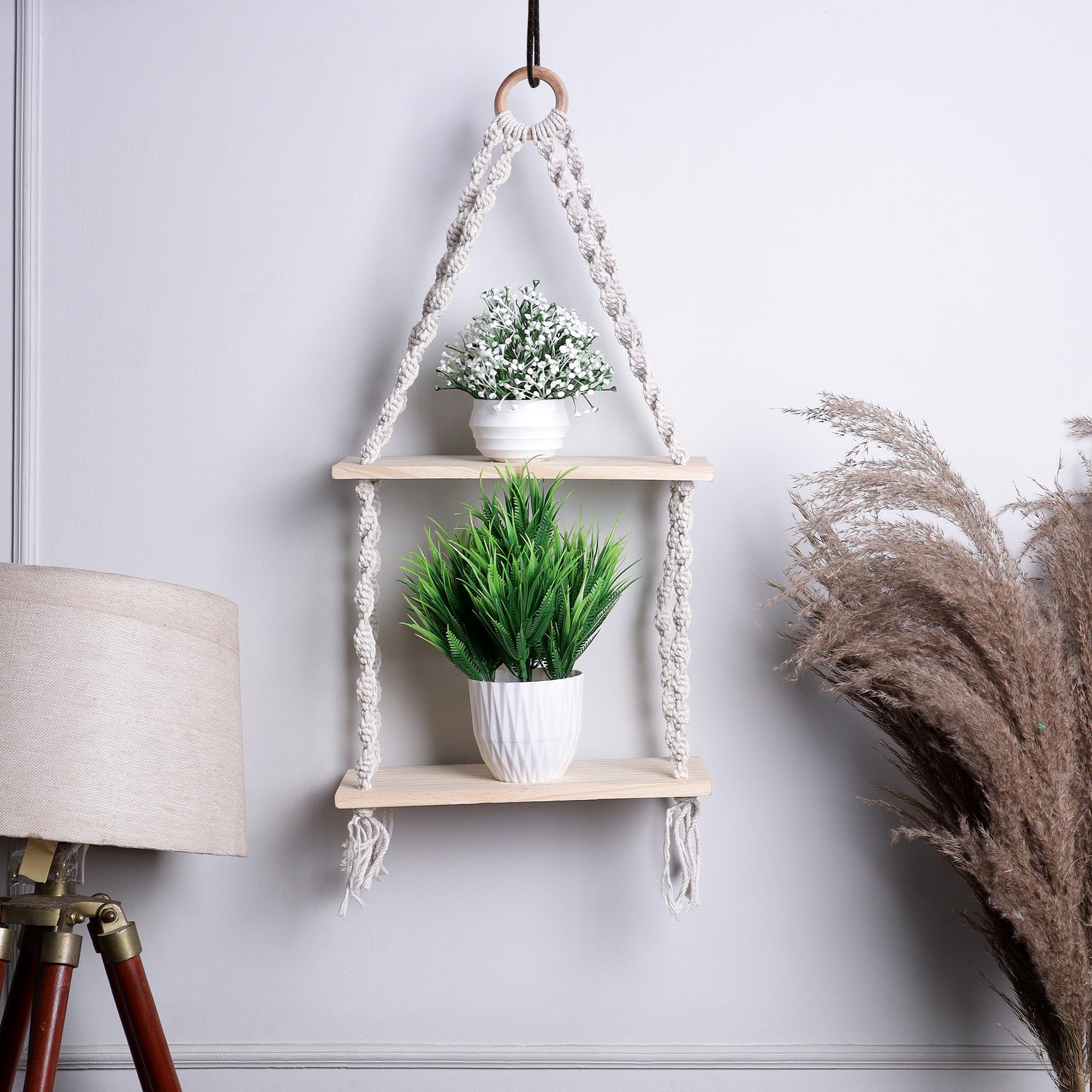 Akaar DCor Indoor Boho Macrame Hanging Dual Wall Shelf With Wooden Dowel Hand Woven Bohemian Decor For Apartment Dorm Bedroom Li
