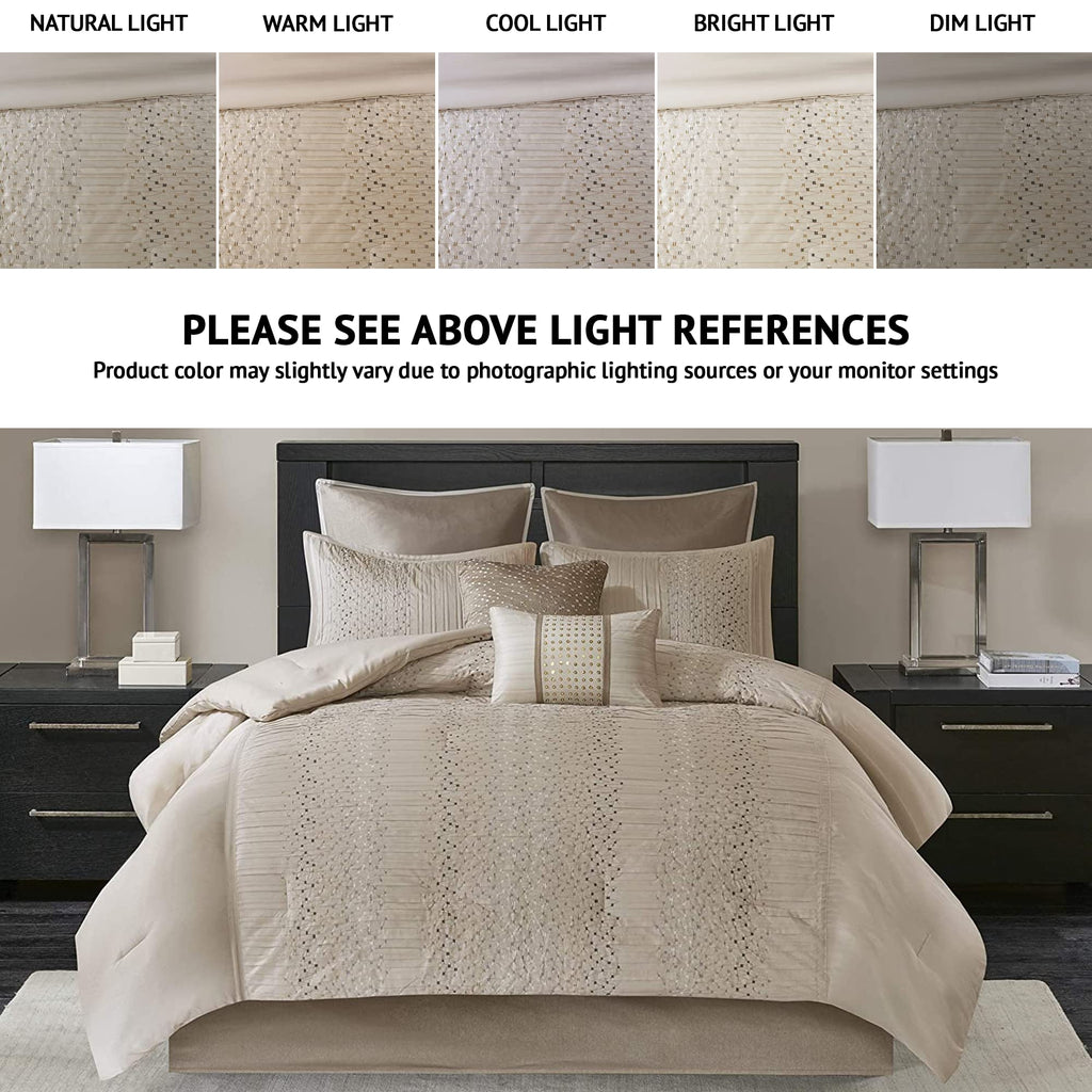 Madison Park Camelia Cozy Comforter Set-Trendy Design All Season Down Alternative Luxury Bedding With Matching Shams, Decorative Pillows, California King (104 In X 92 In), Natural 8 Piece