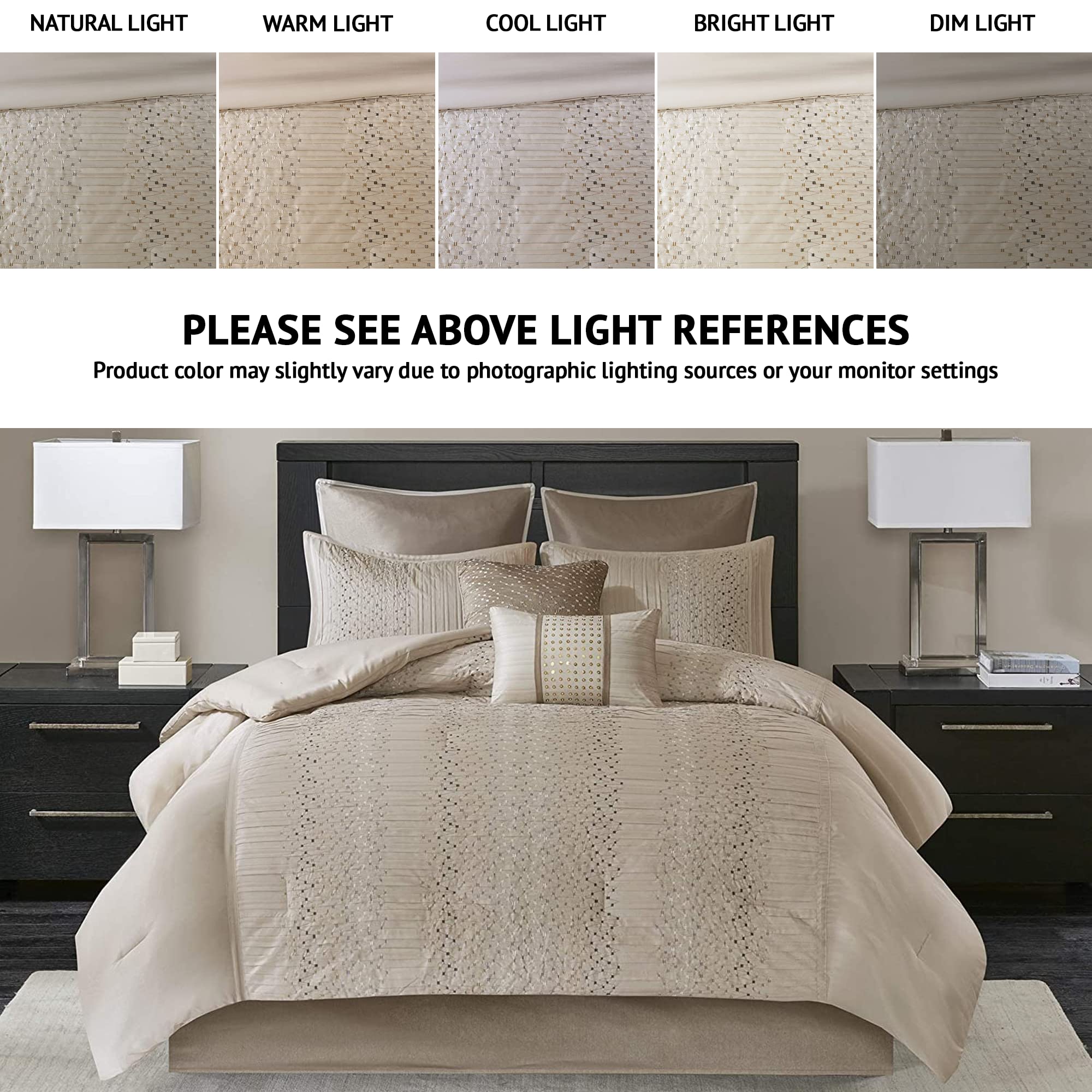 Madison Park Camelia Cozy Comforter Set-Trendy Design All Season Down Alternative Luxury Bedding With Matching Shams, Decorative Pillows, California King (104 In X 92 In), Natural 8 Piece
