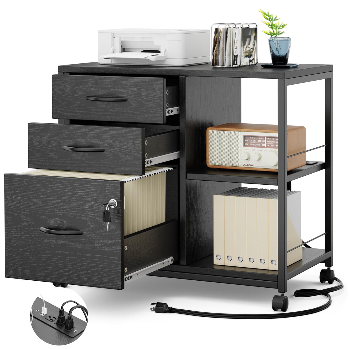 Himusi File Cabinet, Filing Cabinets For Home Office With Lock And Usb Charging Port, 3 Drawer Wood File Cabinets For A4/Letter Size, Printer Stand With Storage