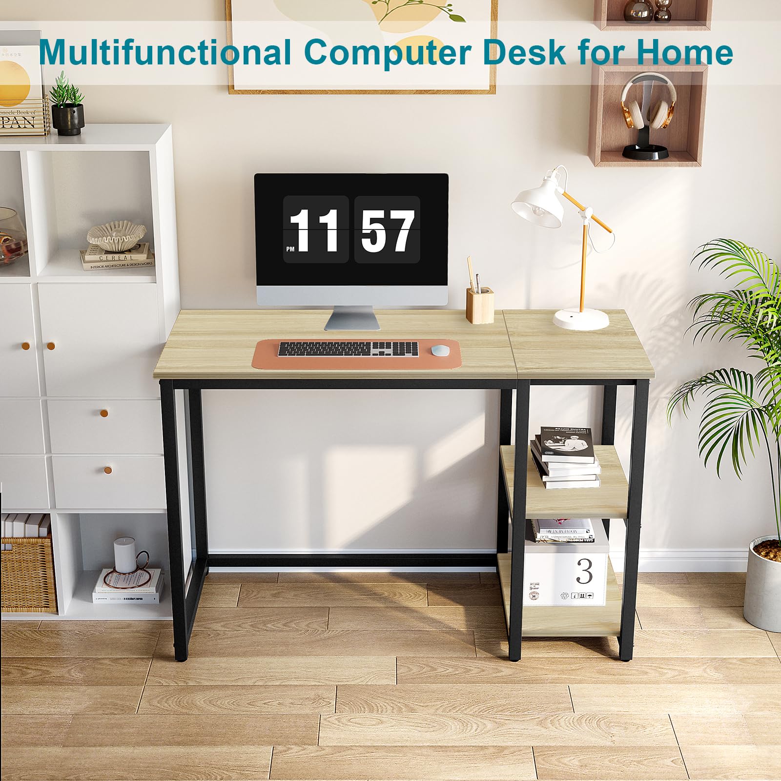Sinpaid Computer Desk 47 Inches With 2-Tier Shelves Sturdy Home Office Desk With Large Storage Space Modern Gaming Desk Study Writing Laptop Table, Oak
