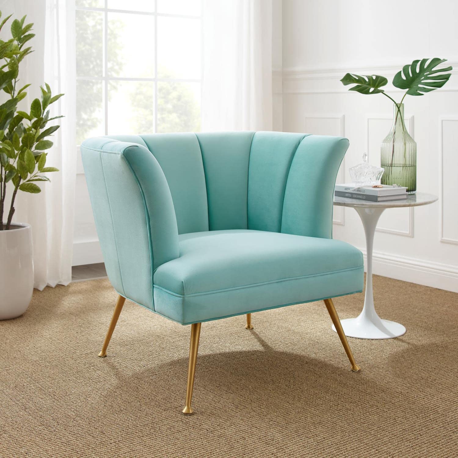 Modway Veronica Modern Channel Tufted Performance Velvet Armchair In Mint Blue
