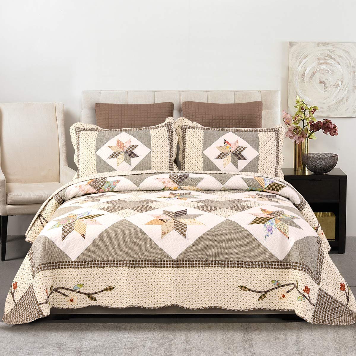 Yayiday Patchwork Bedspread Set Oversized King (Touch Floor Size) - Breathable Cotton Quilted Floral Blanket With Shams, Autumn