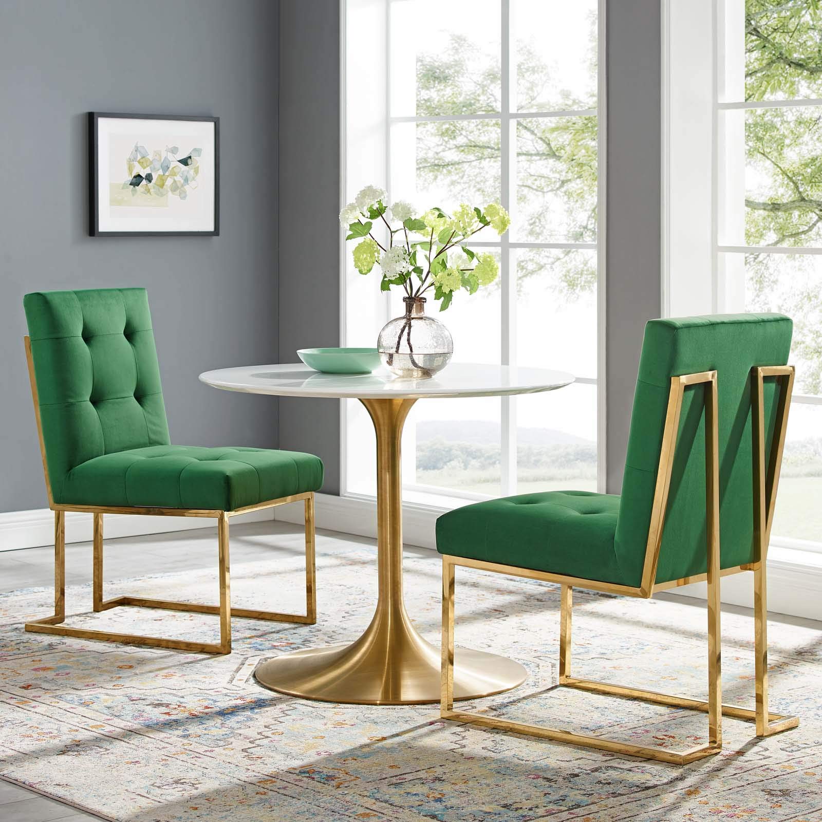 Modway Privy Stainless Steel Performance Velvet Dining Chair Set Of 2, Gold Emerald