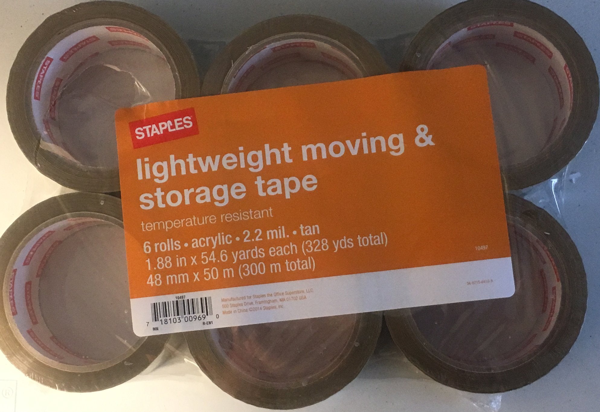 Lightweight Moving And Storage Tan Tape 6 Rolls 2.2 Mil 1.88'X 54.6 Yards Each