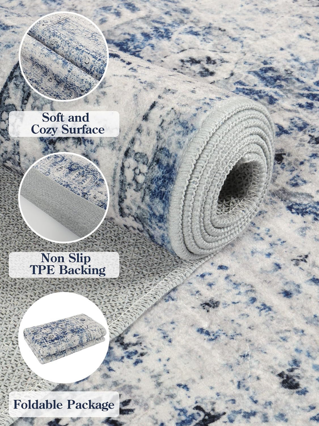 Lahome Blue Area Rug For Living Room 6X9 Machine Washable Area Rugs Living Room Rug,Vintage Distressed Soft Rubber Backing Stain