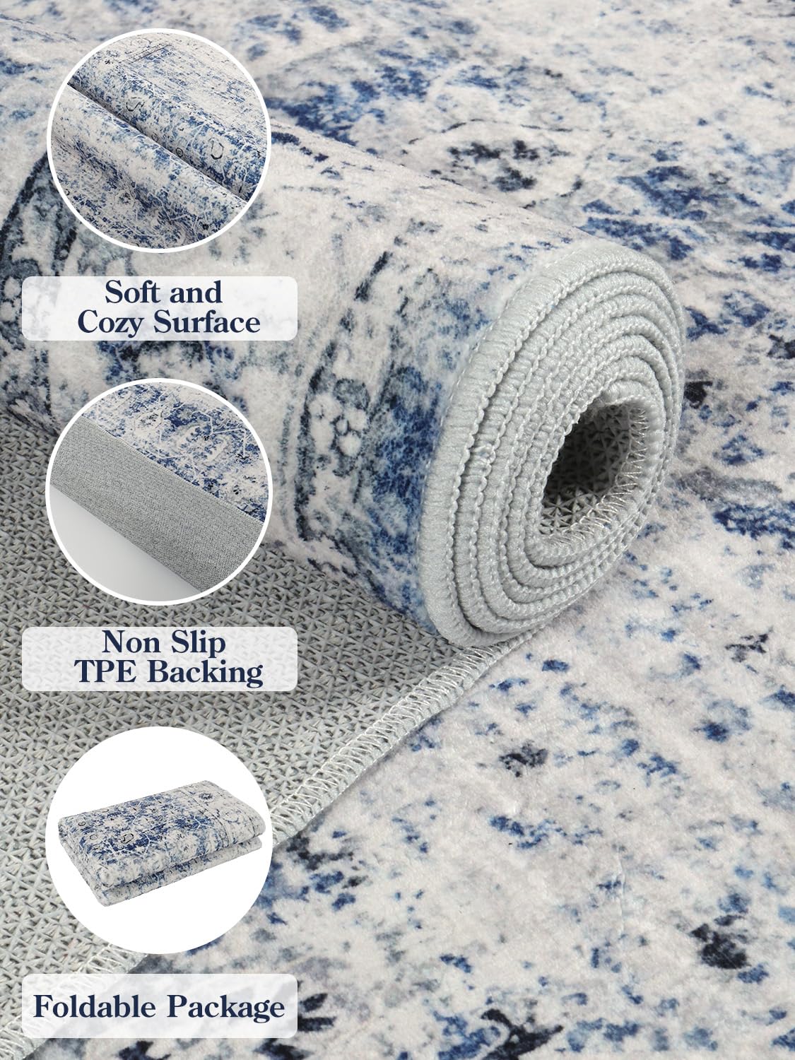 Lahome Blue Area Rug For Living Room 6X9 Machine Washable Area Rugs Living Room Rug,Vintage Distressed Soft Rubber Backing Stain