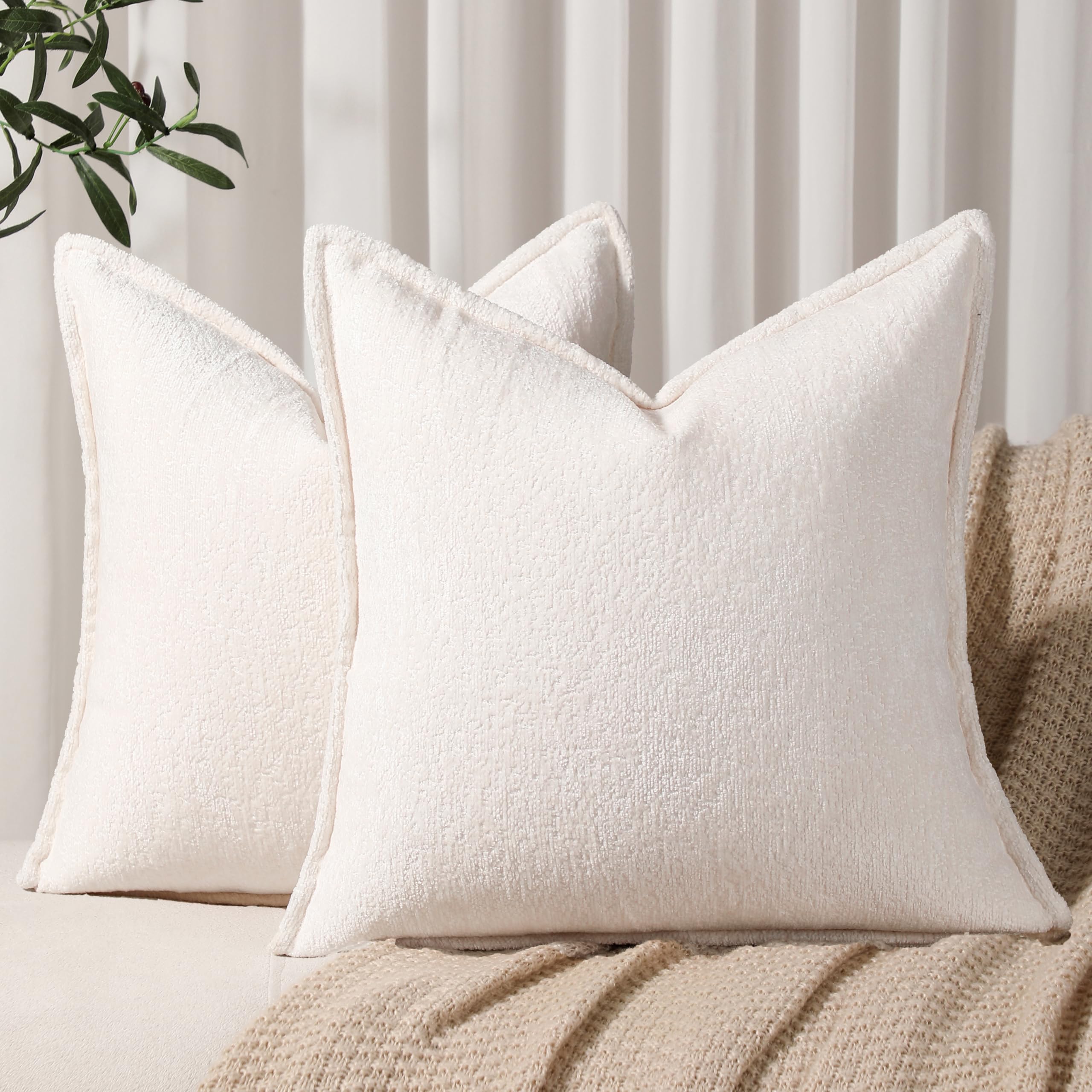 Dezene Pack Of 2 Cream White Euro Shams Pillow Covers 26X26 Cozy Soft Chenille Decorative Throw Pillow Covers Accent Vintage Squ