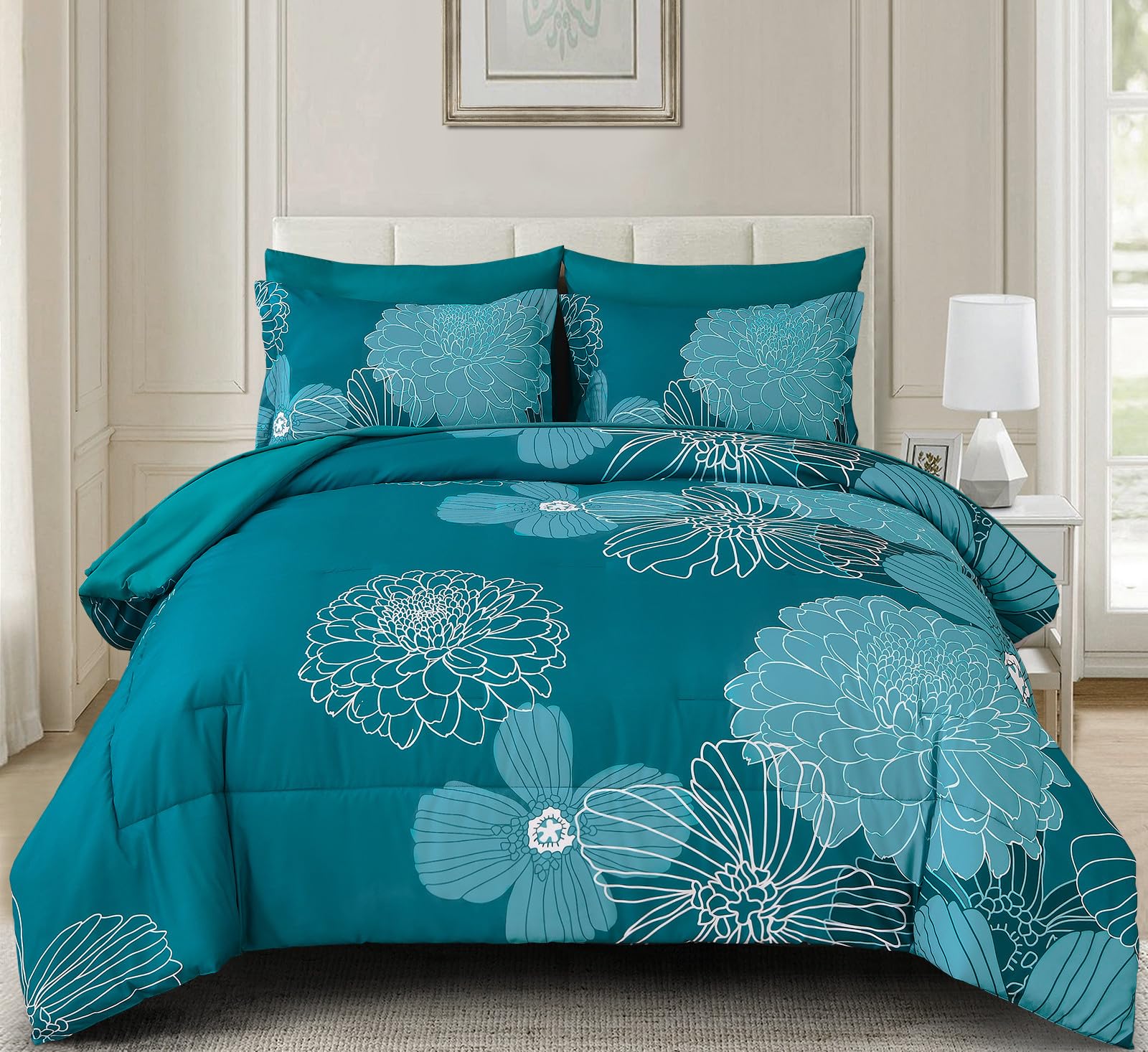 Yiran Queen Comforter Set Teal Bed In A Bag Floral Comforter Sets Soft Microfiber Bedding Sets For All Season,7 Piece,90'  90'