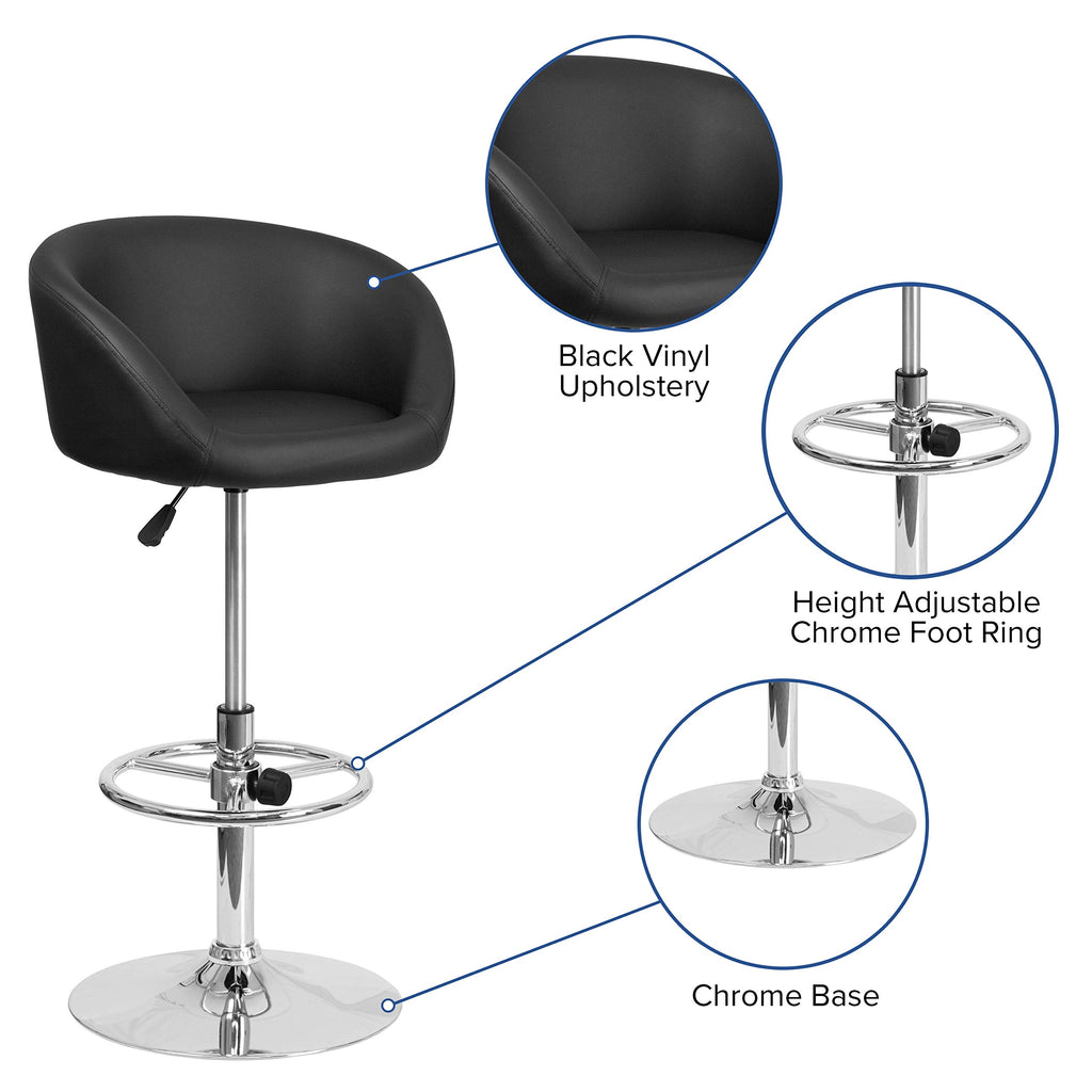 Flash Furniture Luis Contemporary Black Vinyl Adjustable Height Barstool with Barrel Back and Chrome Base