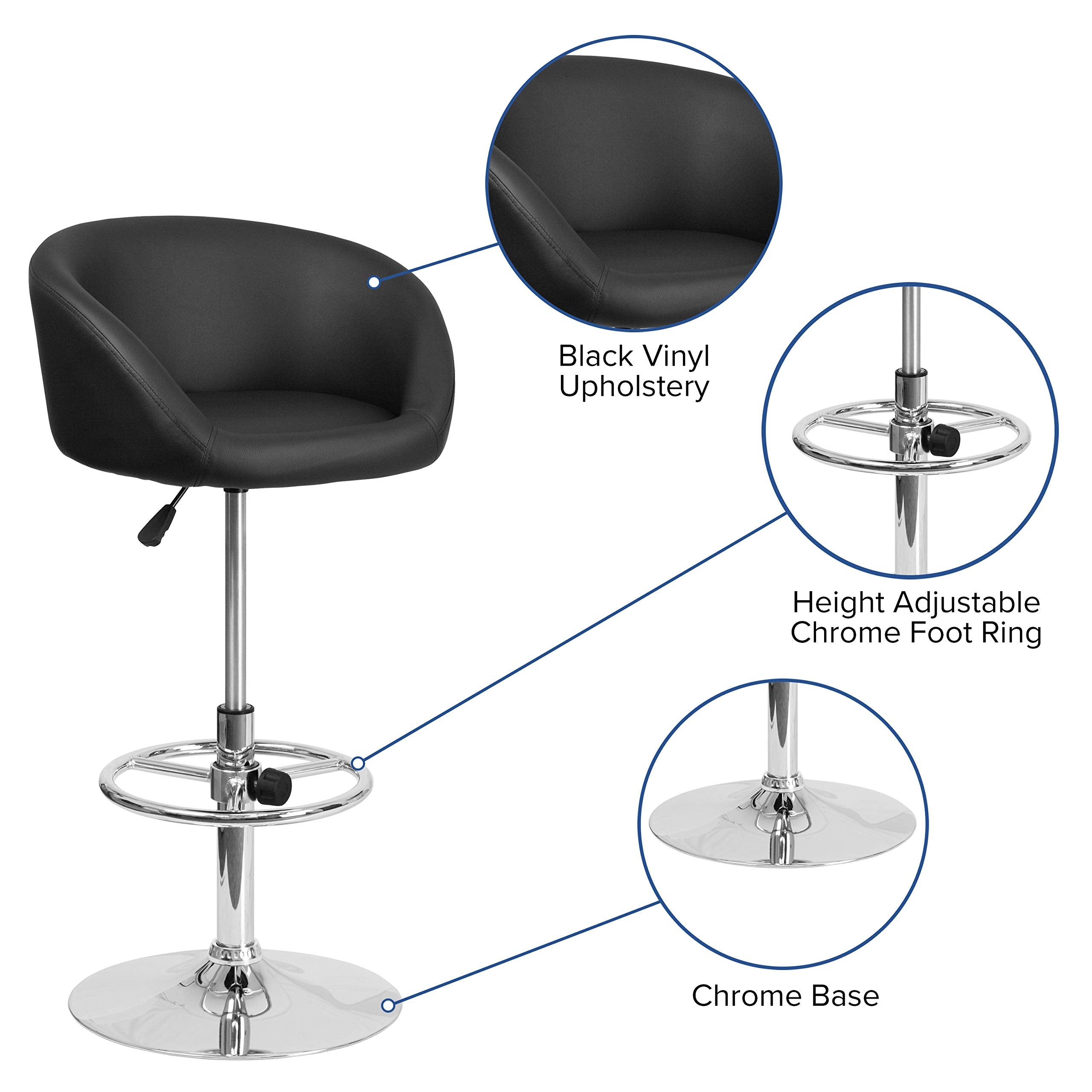 Flash Furniture Luis Contemporary Black Vinyl Adjustable Height Barstool with Barrel Back and Chrome Base