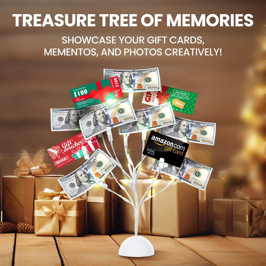 MEIN SCHATZ Money Tree Gift Card Holder with 10 Clips & LED Lighted Tips - White Plastic