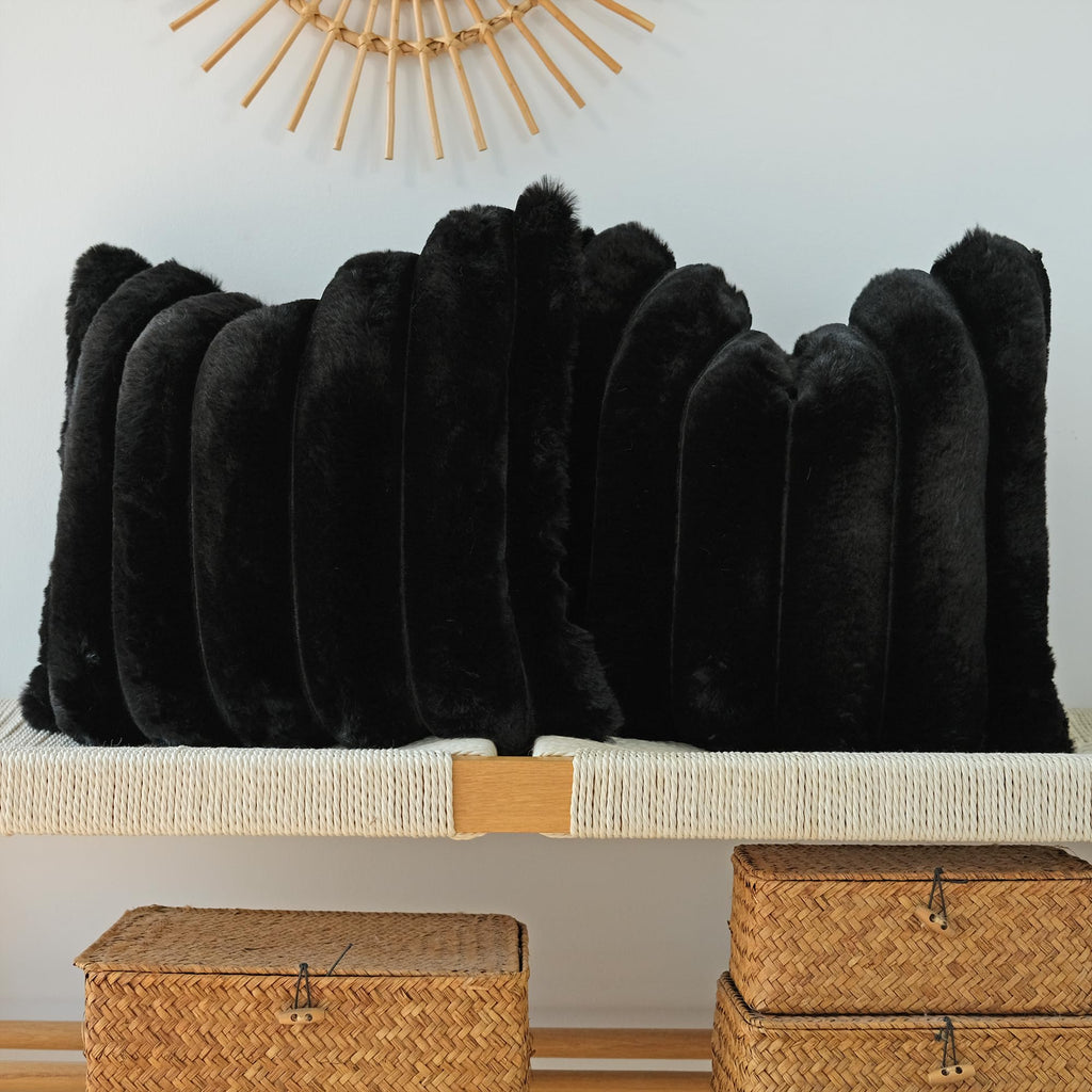 JOJUSIS Pack of 2 Faux Fur Plush Decorative Throw Pillow Covers Couch Cushion Case Soft Fluffy Pillowcases Wide Stripe (Black, 2