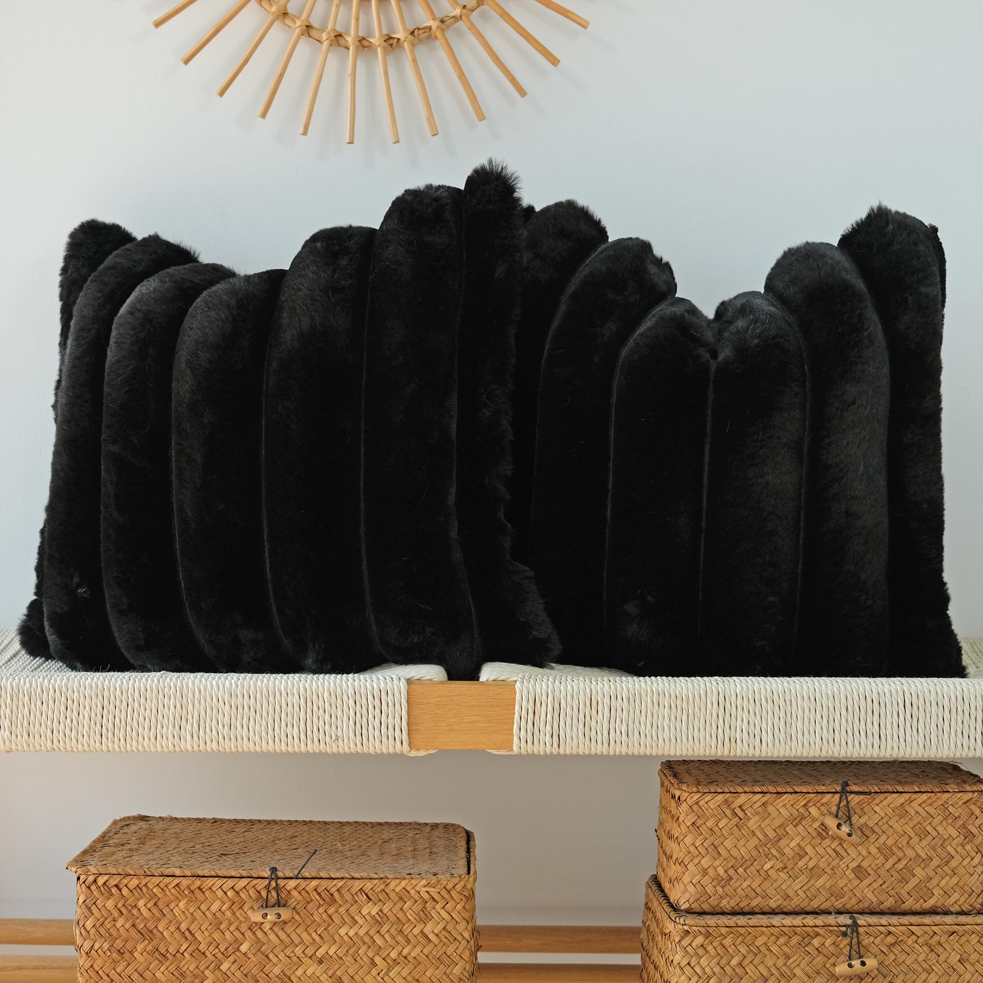 Jojusis Pack Of 2 Faux Fur Plush Decorative Throw Pillow Covers Couch Cushion Case Soft Fluffy Pillowcases Wide Stripe (Black, 1