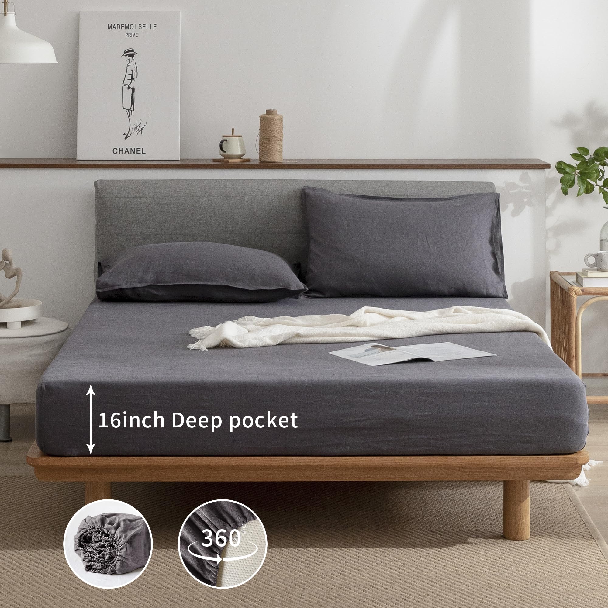Everly Linen Queen Sheets Set, 100% Stonewashed French Linen Bed Sheets Deep Pocket Sheets, 4 Pieces (1 Flat Sheet, 1 Fitted She