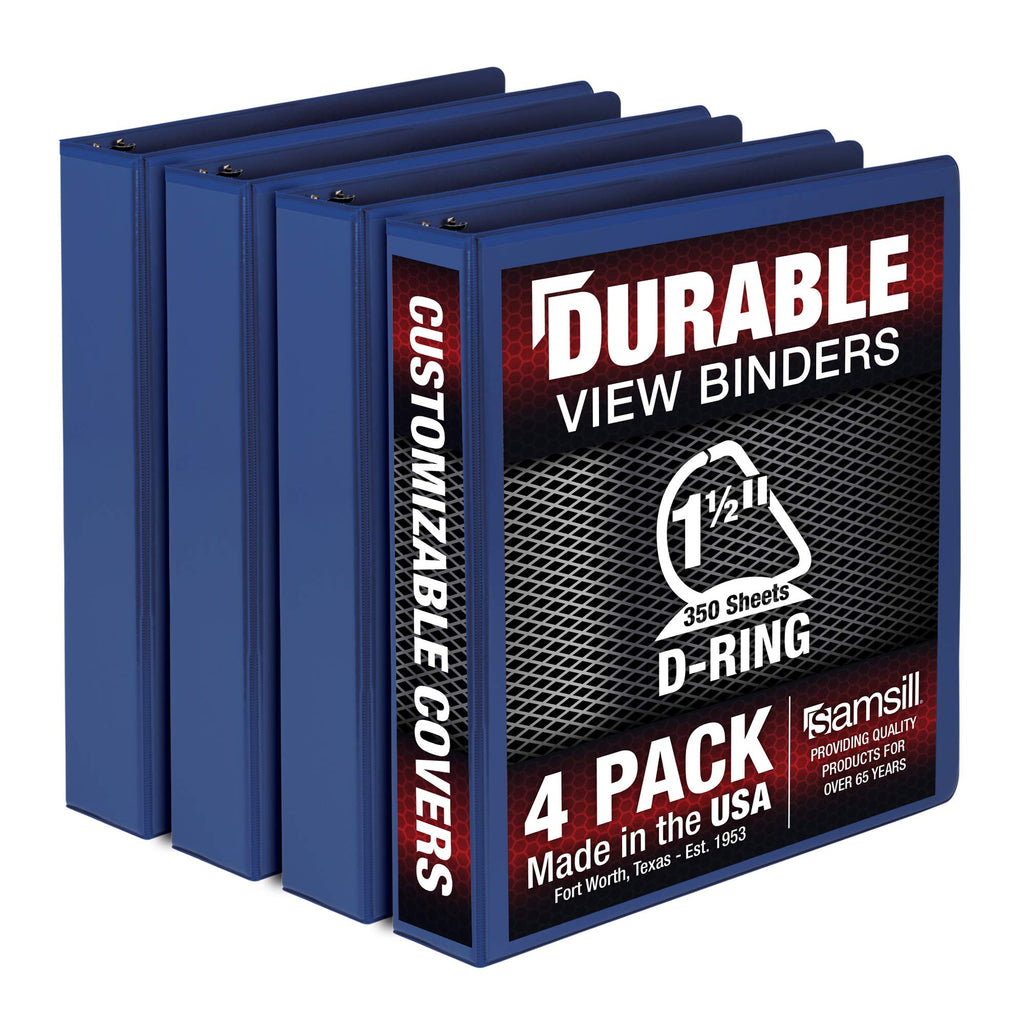 Samsill Durable 1.5 Inch Binder, Made In The Usa, D Ring Binder, Customizable Clear View Binder, Blue, 4 Pack, Each Holds 350 Pa