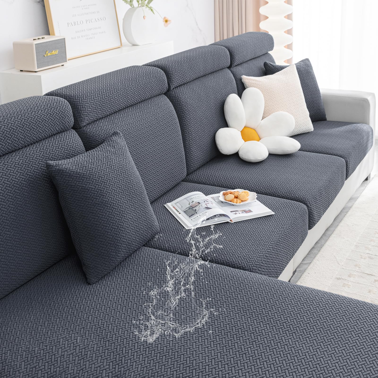 Smiry Waterproof Couch Cushion Covers, Stretch Jacquard Sectional Couch Covers, L Shape Sofa Cushion Covers, Washable Chaise Lounge Cover Elastic Furniture Protector (X-Large Chaise Cover, Grey)