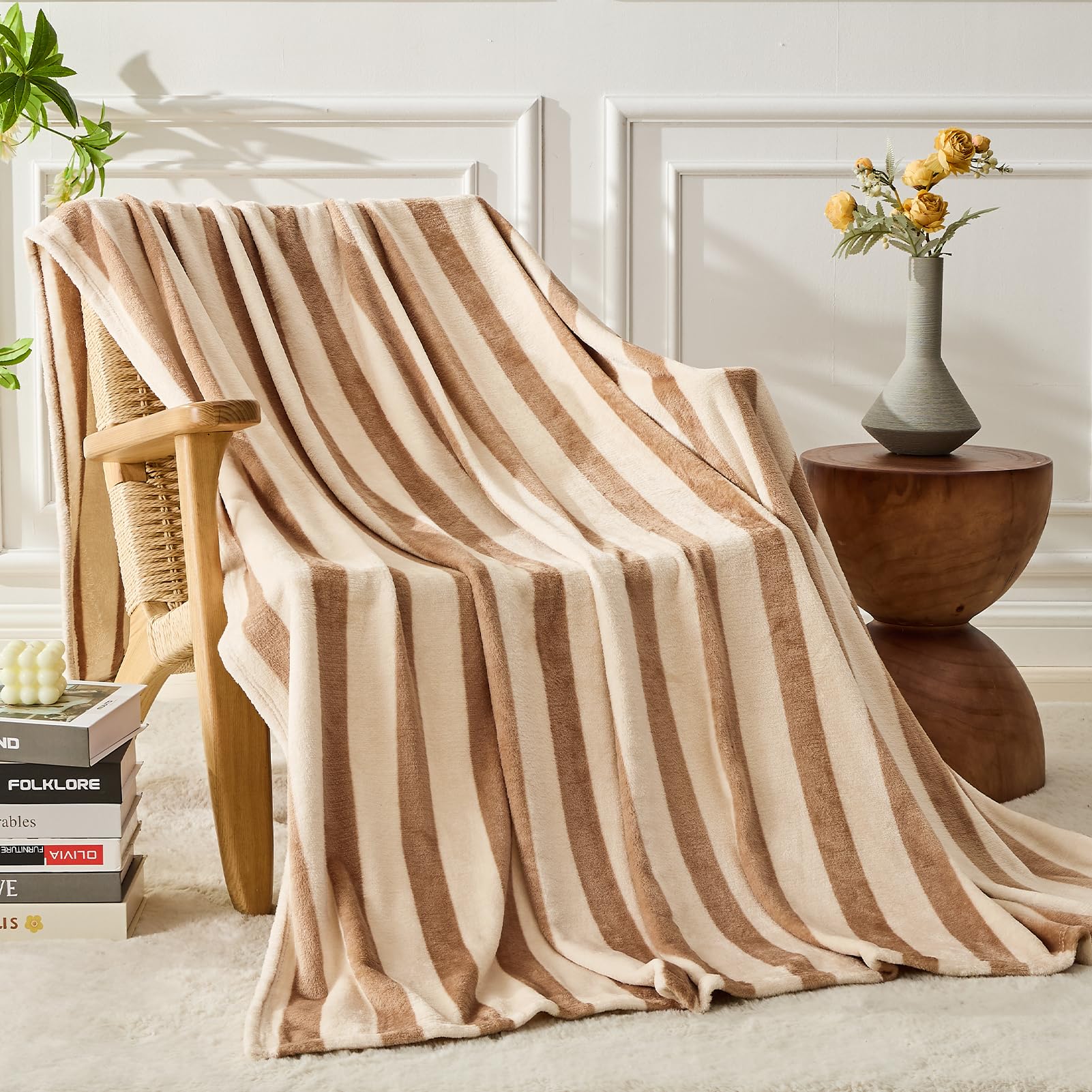 Fy Fiber House Striped Flannel Throw Blanket - Soft Cozy Striped Blanket For Couch, Sofa, Or Bed - 50'X60', Khaki, All Season