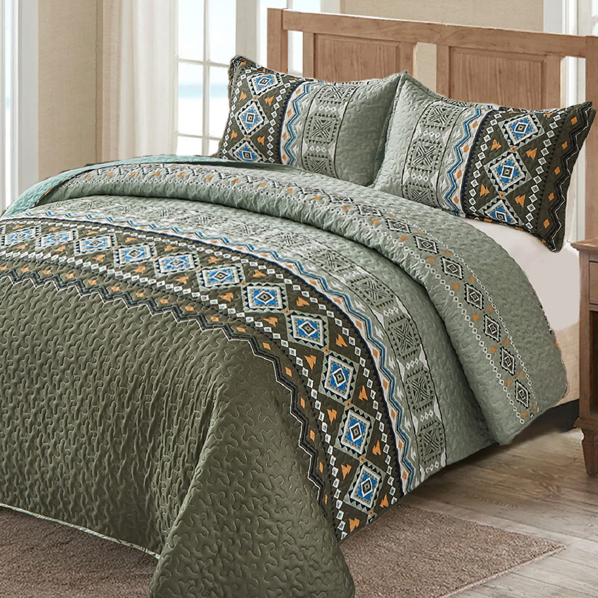 WONGS BEDDING Boho Quilt Set King,3 Piece Olive Green Fall Bedspread Coverlet Set with Geometry Printed for All Season, Lightwei
