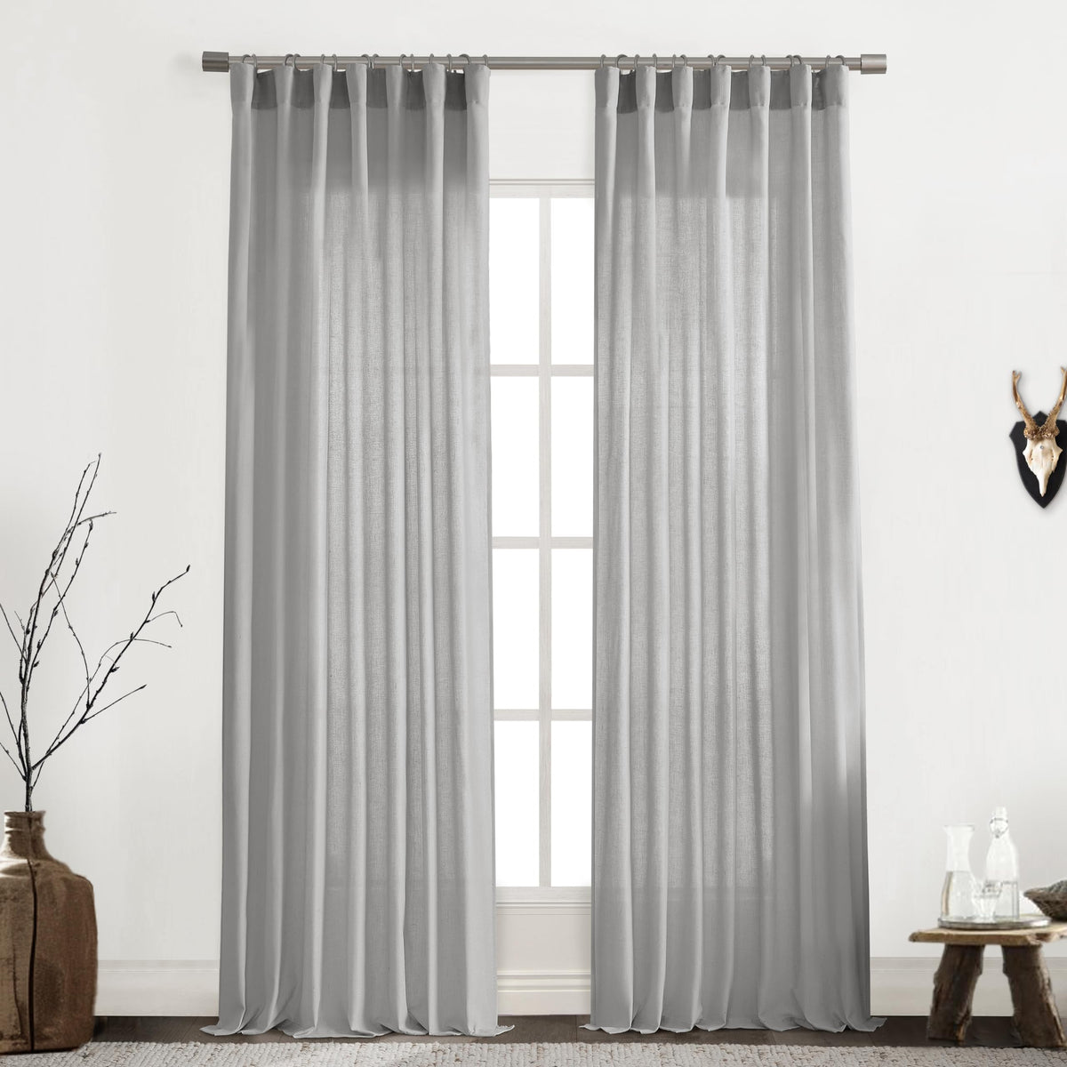 Xtmyi Light Grey Curtains For Living Room Bedroom,Linen Boho Back Tab Pleated Sheer Curtain Set Of 2 Panels,90 Inches Long