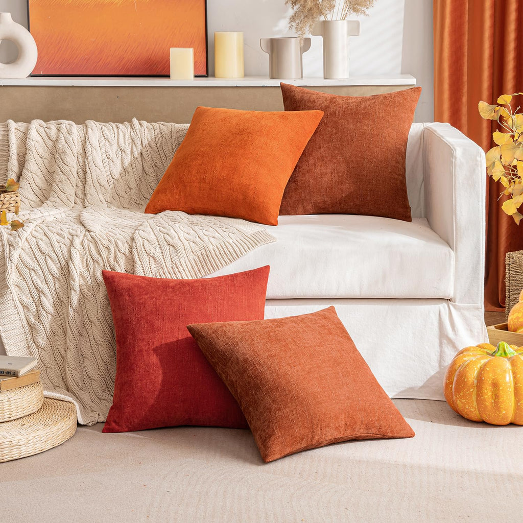 Miulee Pack Of 2 Decorative Throw Pillow Covers Soft Chenille Throw Pillows Solid Textured Fall Cushion Covers For Couch Sofa Bedroom Living Room 20X20 Inch, Dark Rust